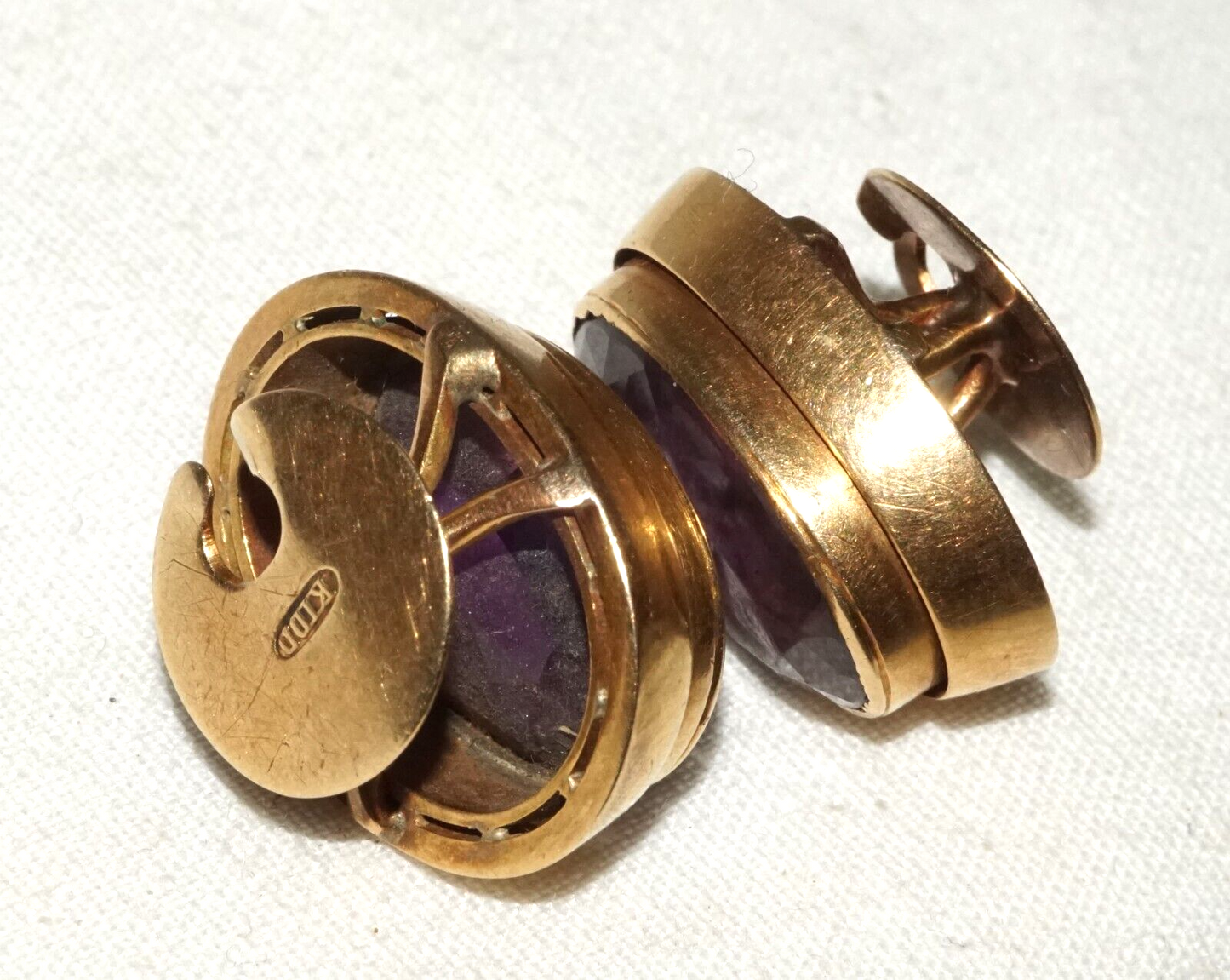 Pair UK 10K Yellow Gold Victorian Cuff Buttons w. Amethyst Accents  (CuM)