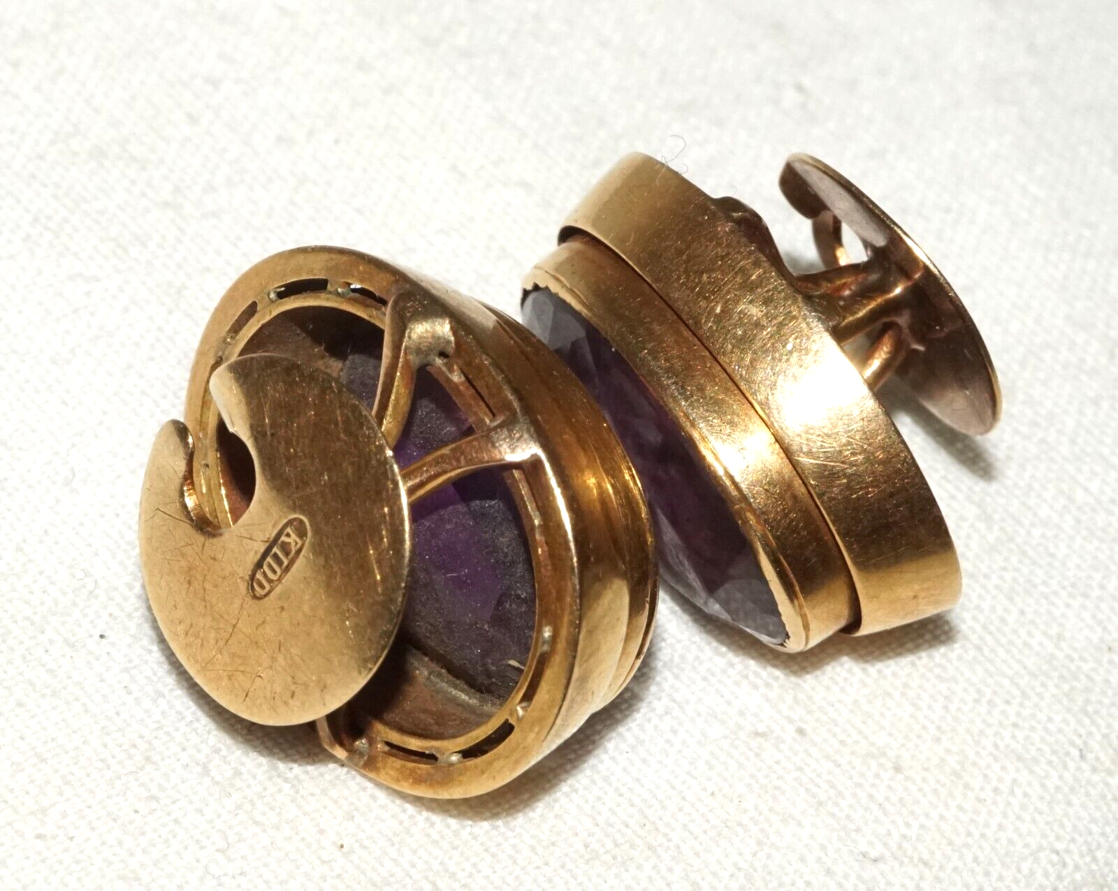 Pair UK 10K Yellow Gold Victorian Cuff Buttons w. Amethyst Accents  (CuM)