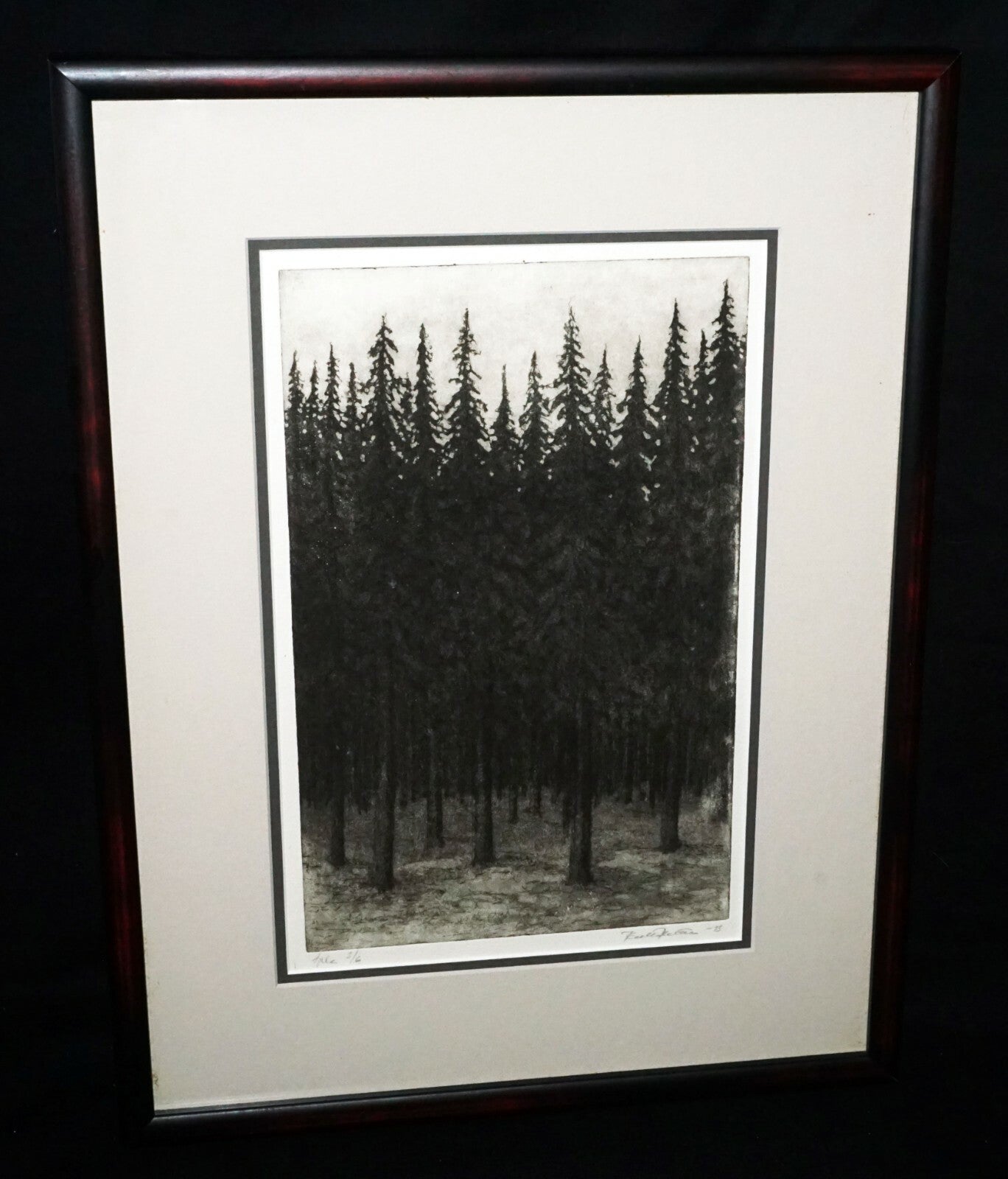 1993 US Framed Aquatint Print 3/6 "Thick Pine Forest"  by illegible signed (CWo)