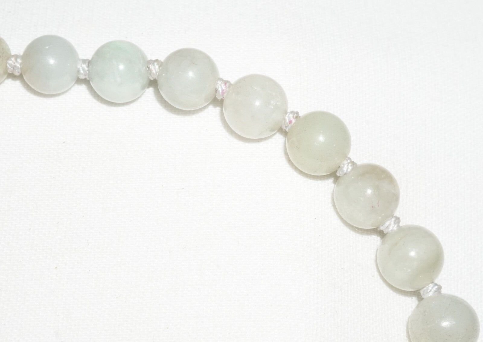 Vintage Chinese Grey Green Jadeite Jade Bead Necklace w. Gold Pl. Silver Clasp#2