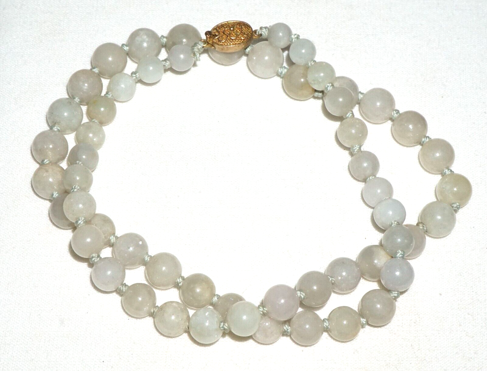 Vintage Chinese Grey Green Jadeite Jade Bead Necklace w. Silver Clasp  (---)#3