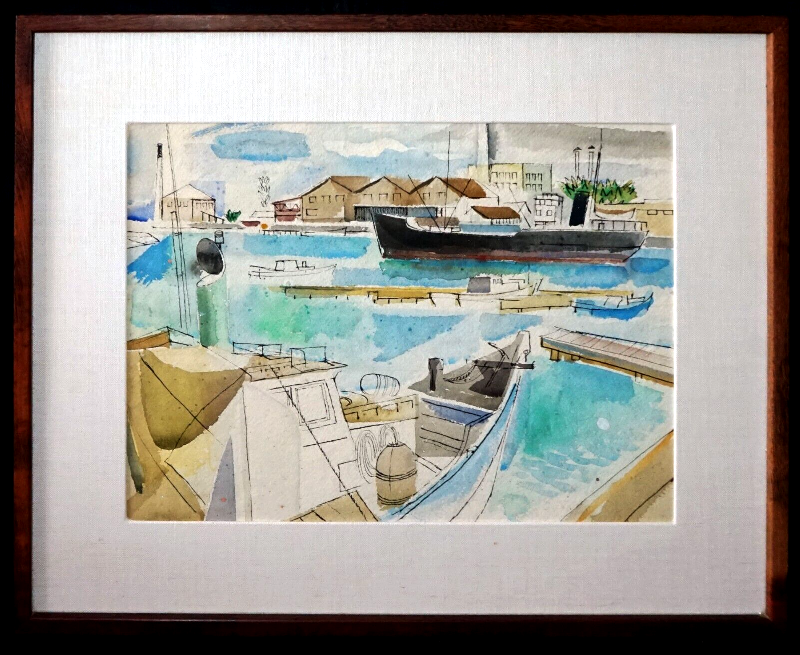 1960 Hawaii Watercolor Painting Honolulu Harbor by Keiichi Kimura (1914-88)(PeNe