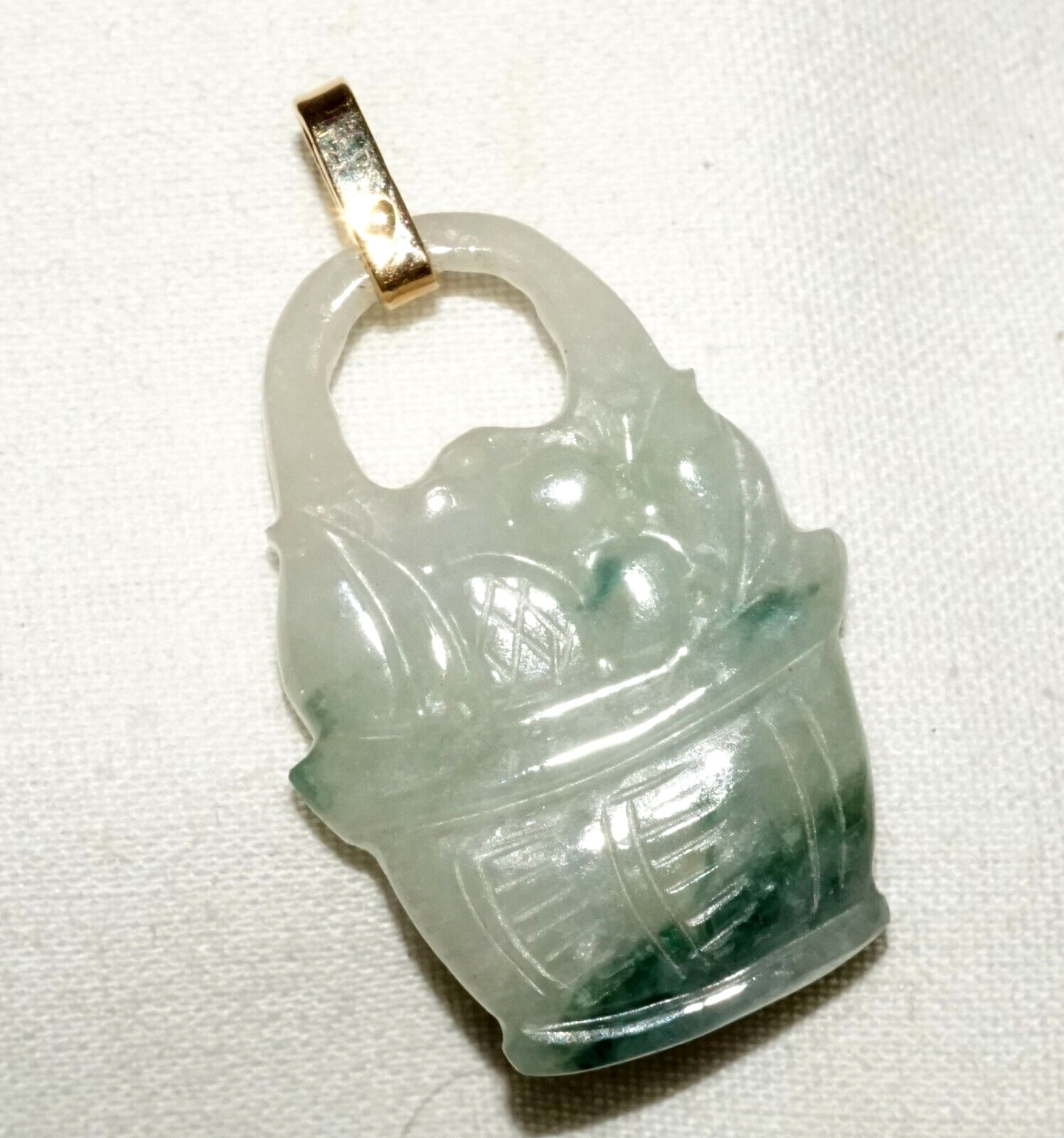 Vintage Chinese 14k Y. Gold White & Spinach Jadeite Jade Basket Pendant (LeS)L24