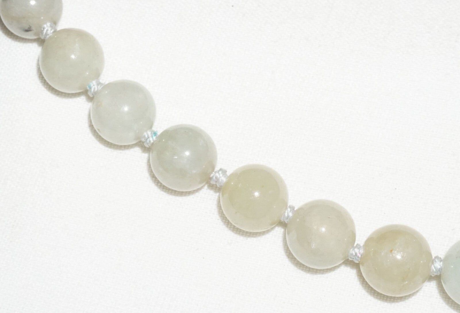 Vintage Chinese Grey Green Jadeite Jade Bead Necklace w. Gold Pl. Silver Clasp#2