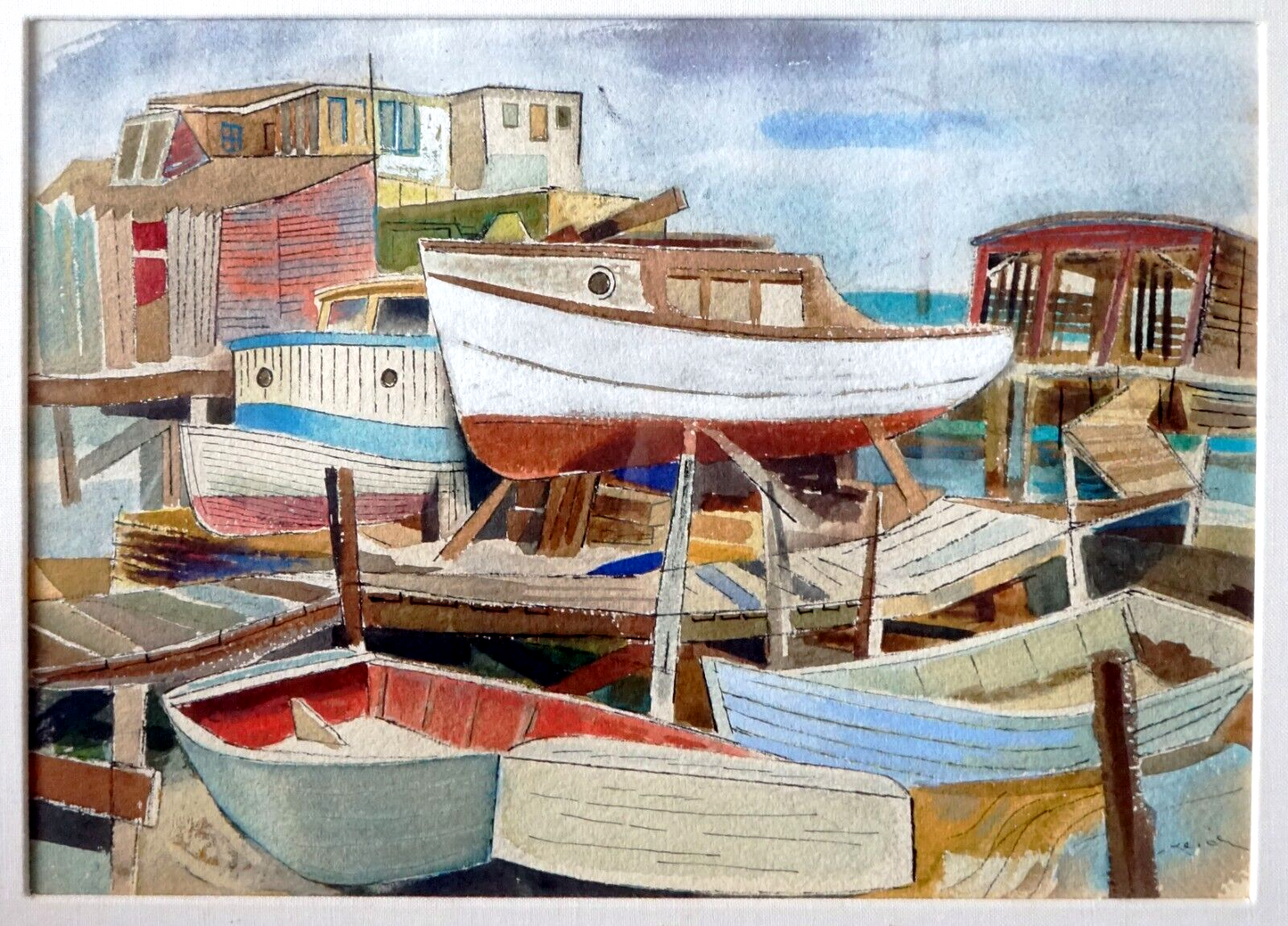 1948 Hawaii Watercolor Painting Boat Harbor II by Keiichi Kimura (1914-88) (PeNe