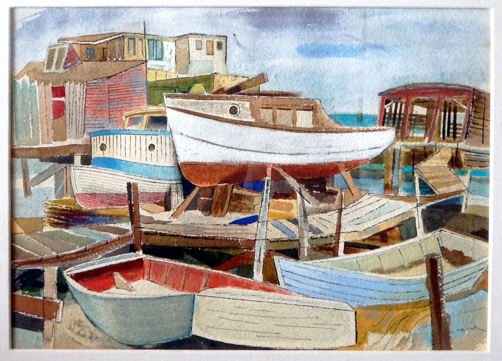 1948 Hawaii Watercolor Painting Boat Harbor II by Keiichi Kimura (1914-88) (PeNe