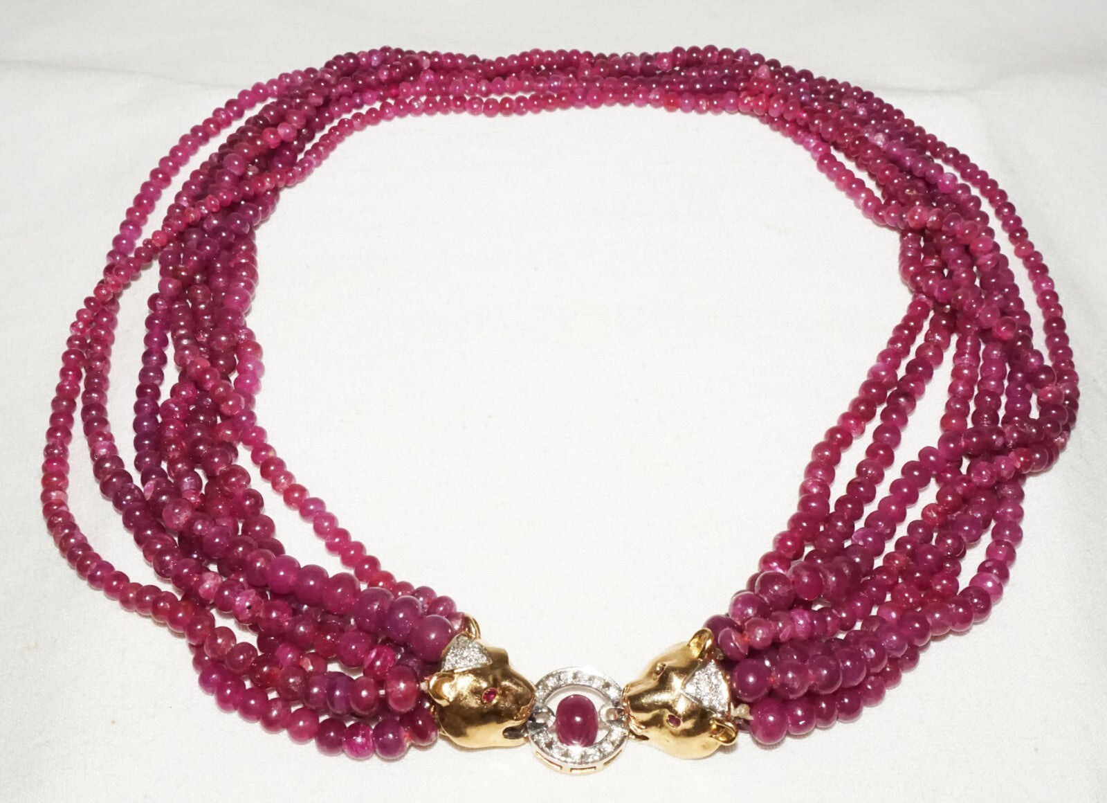 Vintage 7x Strand Ruby Bead Necklace w. 14k Y. Gold Double Leopard Clasp  (LeD)