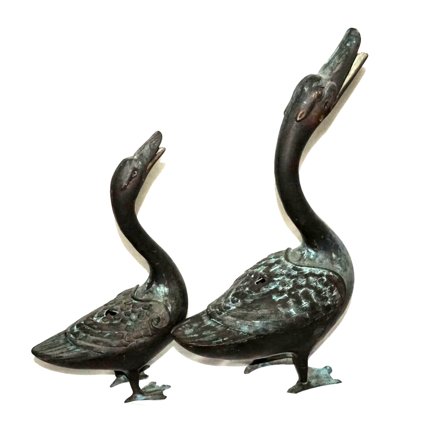 2Pc Chinese Bronze Incense Burners w. Squawking Geese Motif  (NiC)