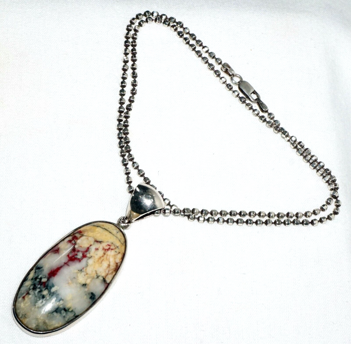 Sterling Silver Necklace w. Silver Set Multi Color Hard Stone Pendant  (LoC)N1