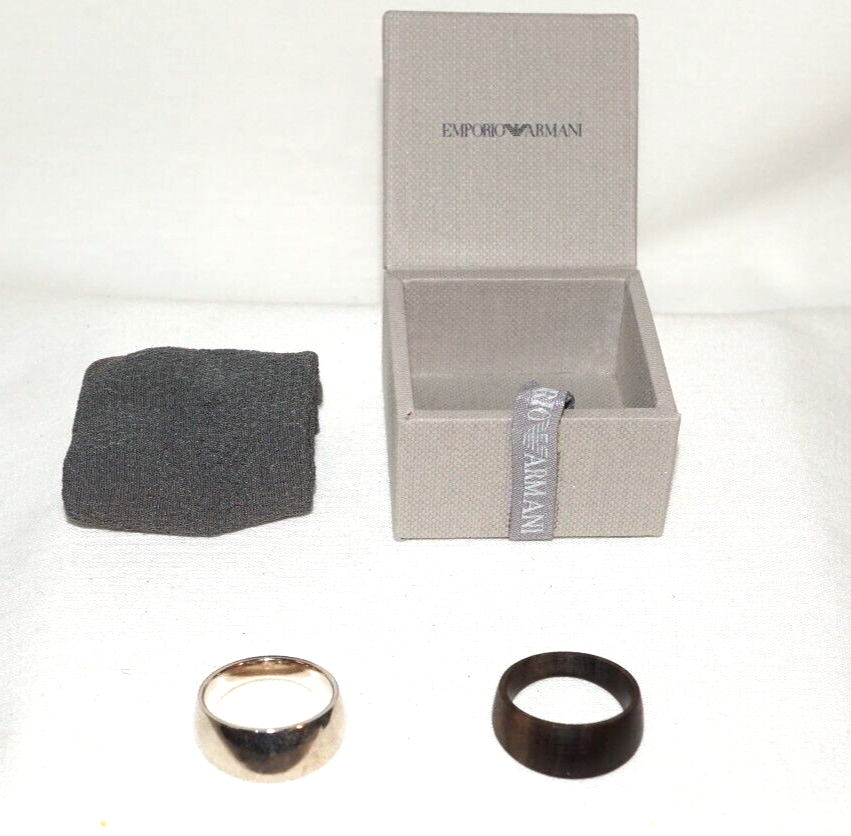 Pair of Wood & Sterling Silver Emporio Armani Rings Sz. 8.25 Original Box(InS)11