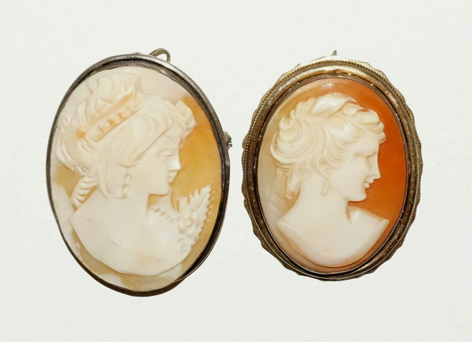 2Pc Italian 800 Silver Shell Cameo's Brooch Pendant w Female Bust Motif  (HaY)#7