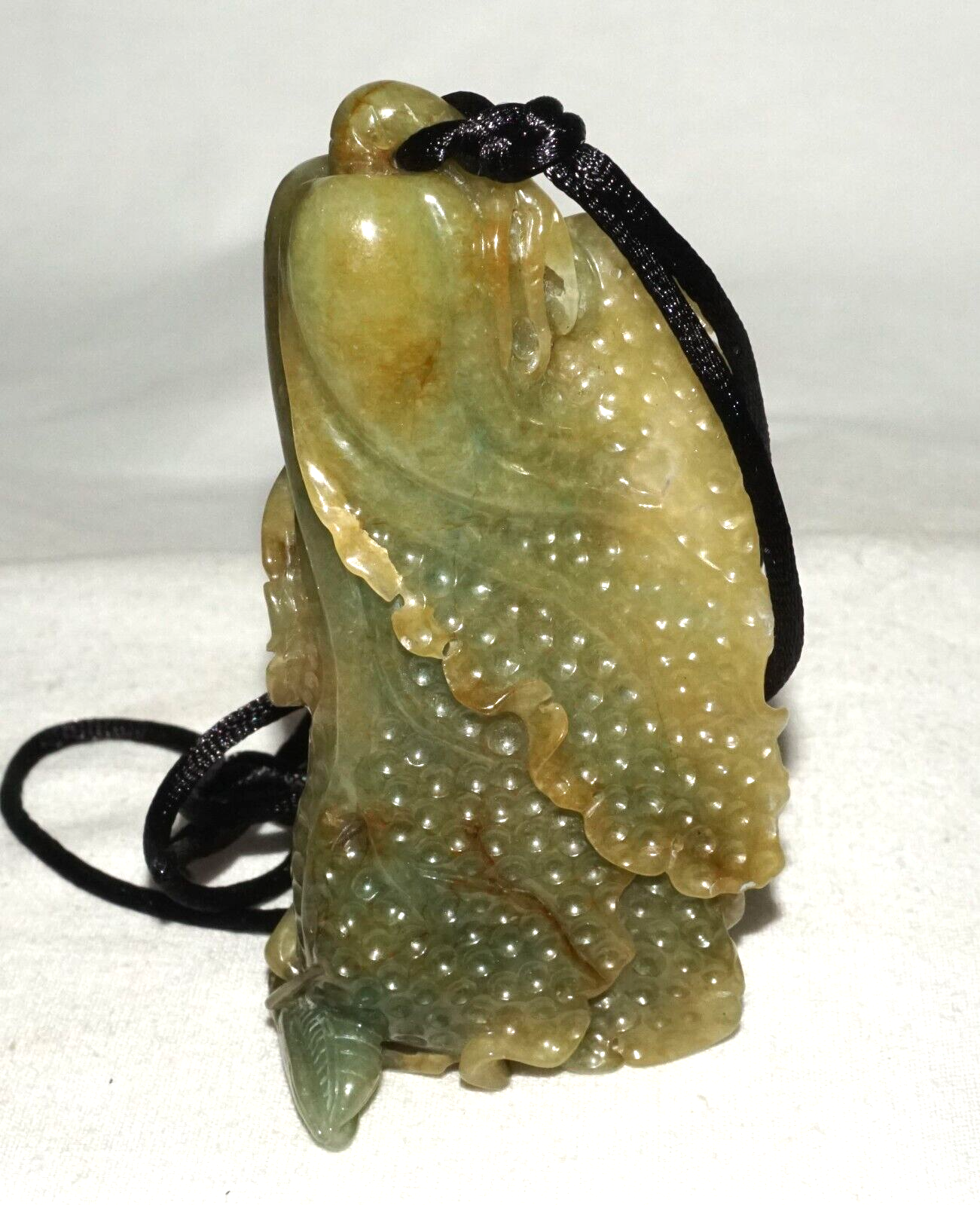 Vintage Chinese Green Jade Cabbage & Bug Motif Large Carved Pendant  (LeS)L20