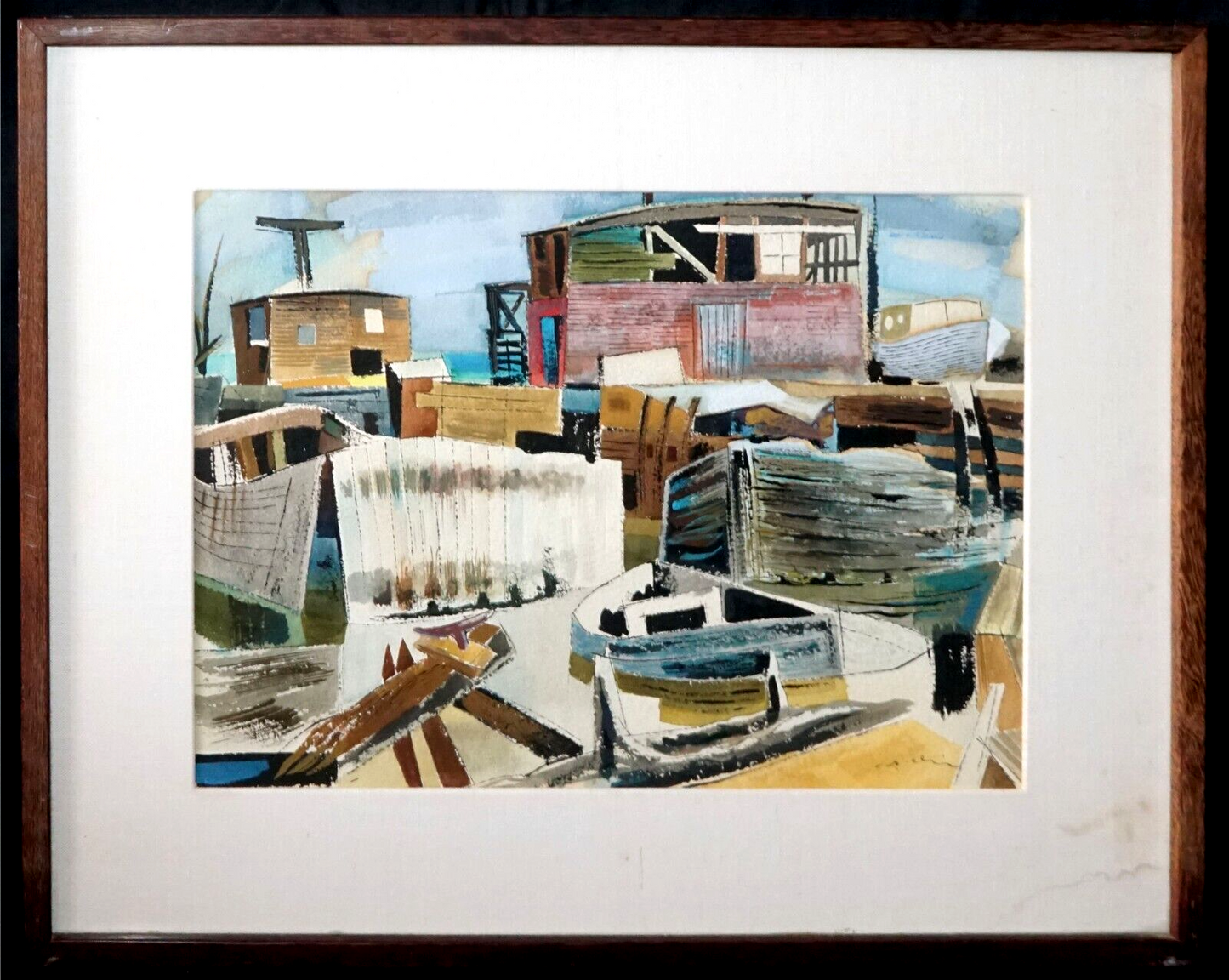 1948 Hawaii Watercolor Painting Boat Harbor I by Keiichi Kimura (1914-88) (PeNe