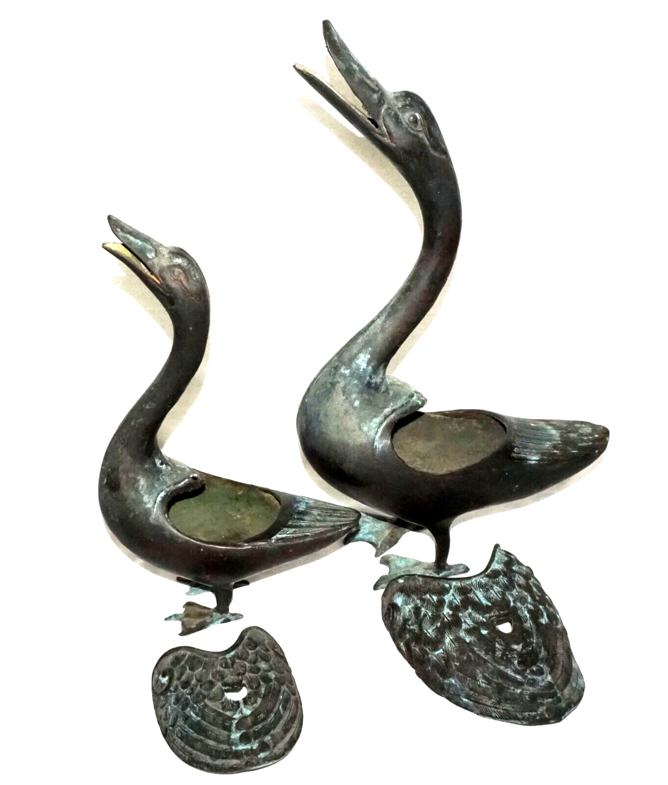 2Pc Chinese Bronze Incense Burners w. Squawking Geese Motif  (NiC)