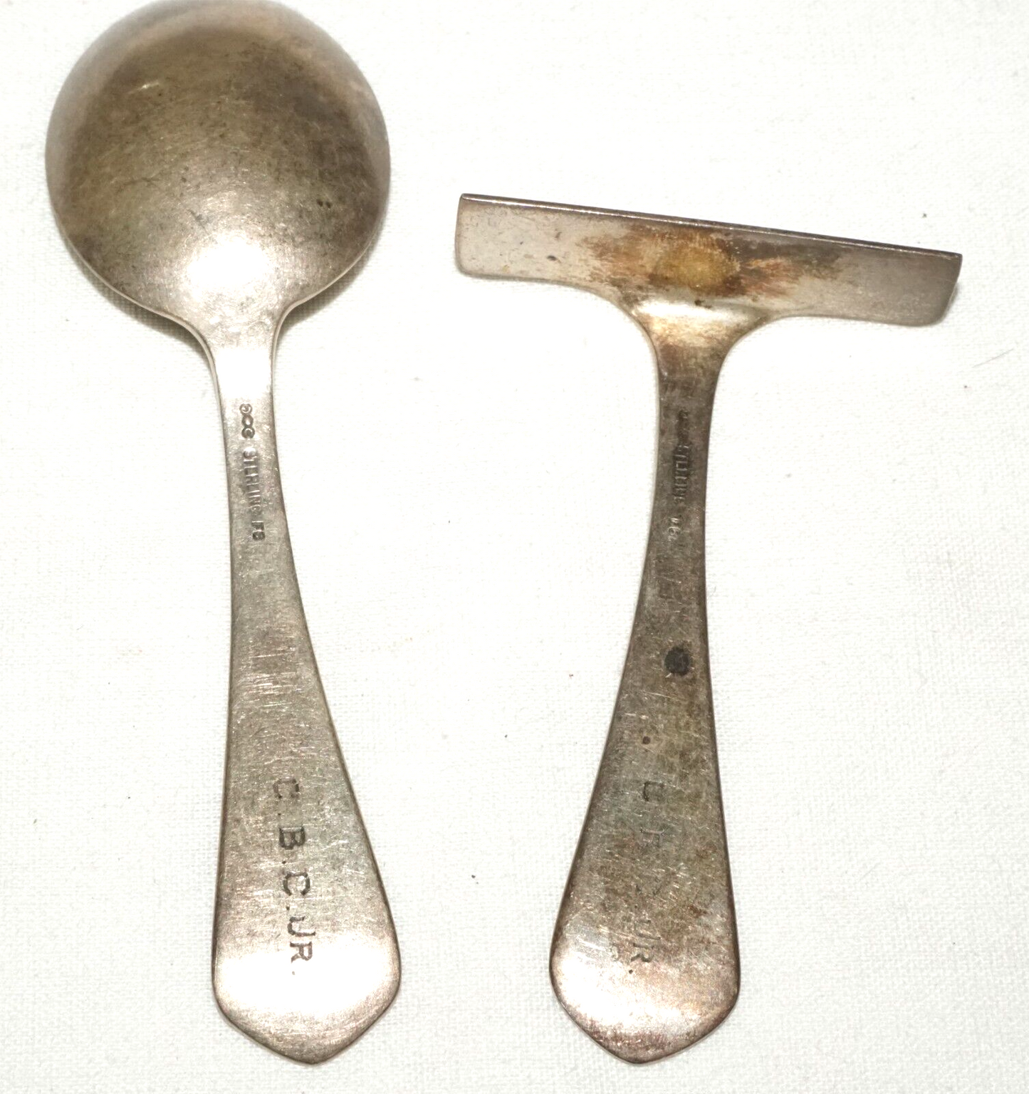 Pair 1930s US Sterling Silver Baby Utensils Bow Wow/ Hey Diddle McChesney  (CrT)