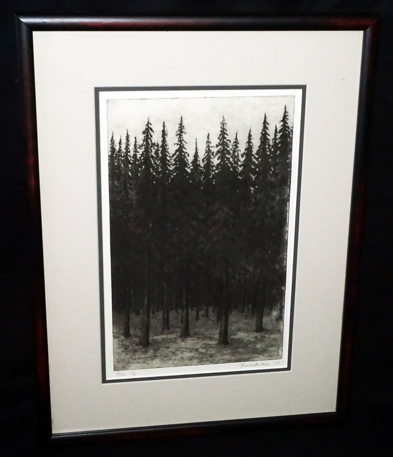 1993 US Framed Aquatint Print 3/6 "Thick Pine Forest"  by illegible signed (CWo)