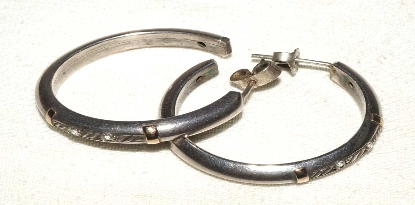 Pair Vintage US Silver Hoop Earrings w. Cubic Zirconia Accents (KiL)