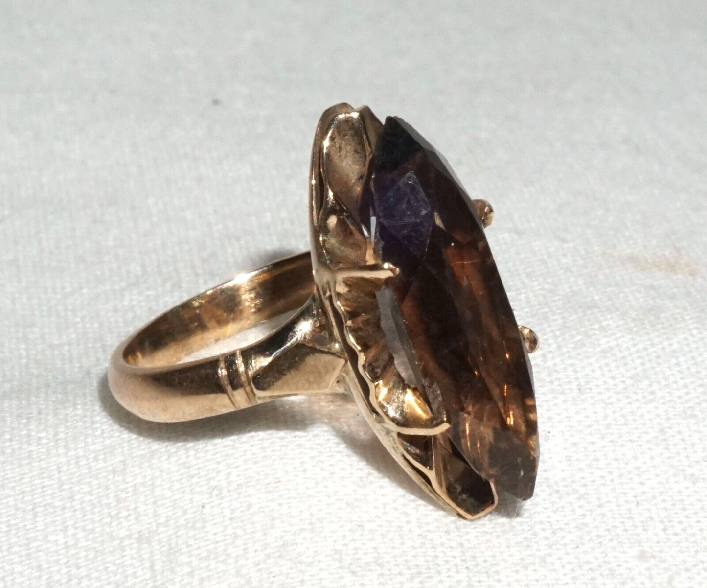 Vintage 14k Yellow Gold  Ring Sz.5.5 set 1x Marquise Cut Smoky Quartz (BrM)L3