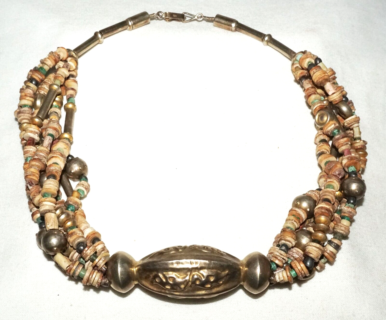 12C Peru Chimu Excavated Shell & Stone Bead Necklace w. Silver Clasp  (DaJ)