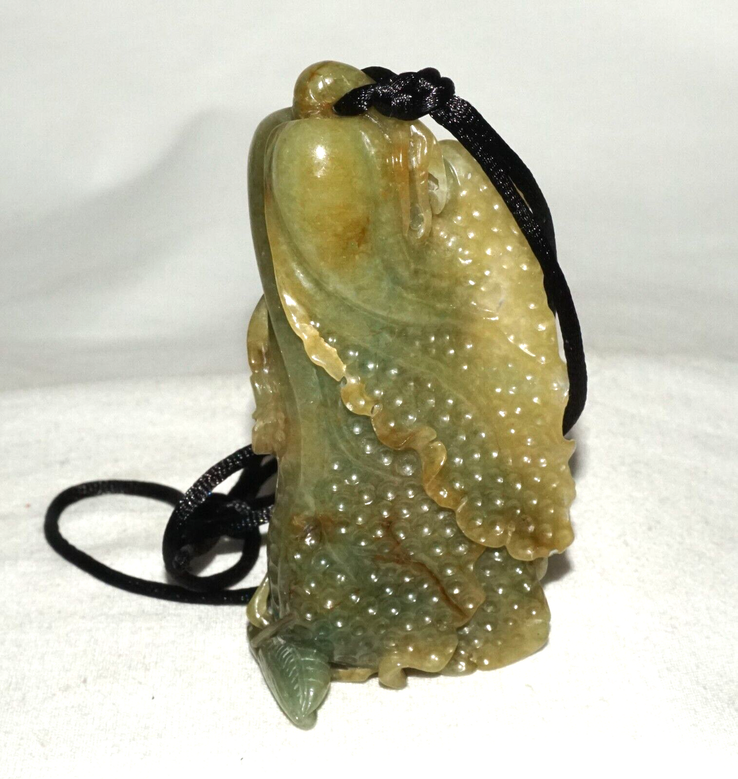 Vintage Chinese Green Jade Cabbage & Bug Motif Large Carved Pendant  (LeS)L20