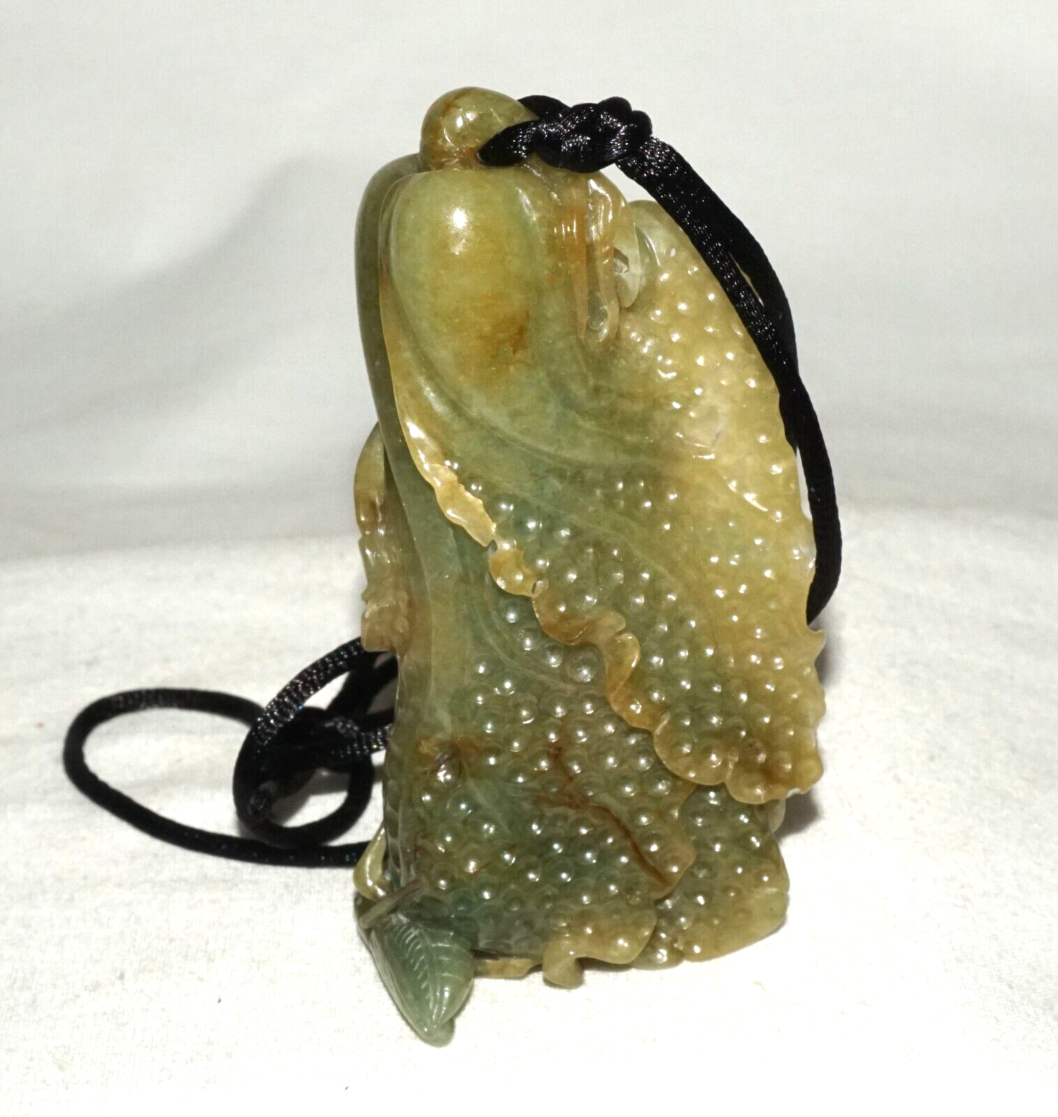 Vintage Chinese Green Jade Cabbage & Bug Motif Large Carved Pendant  (LeS)L20