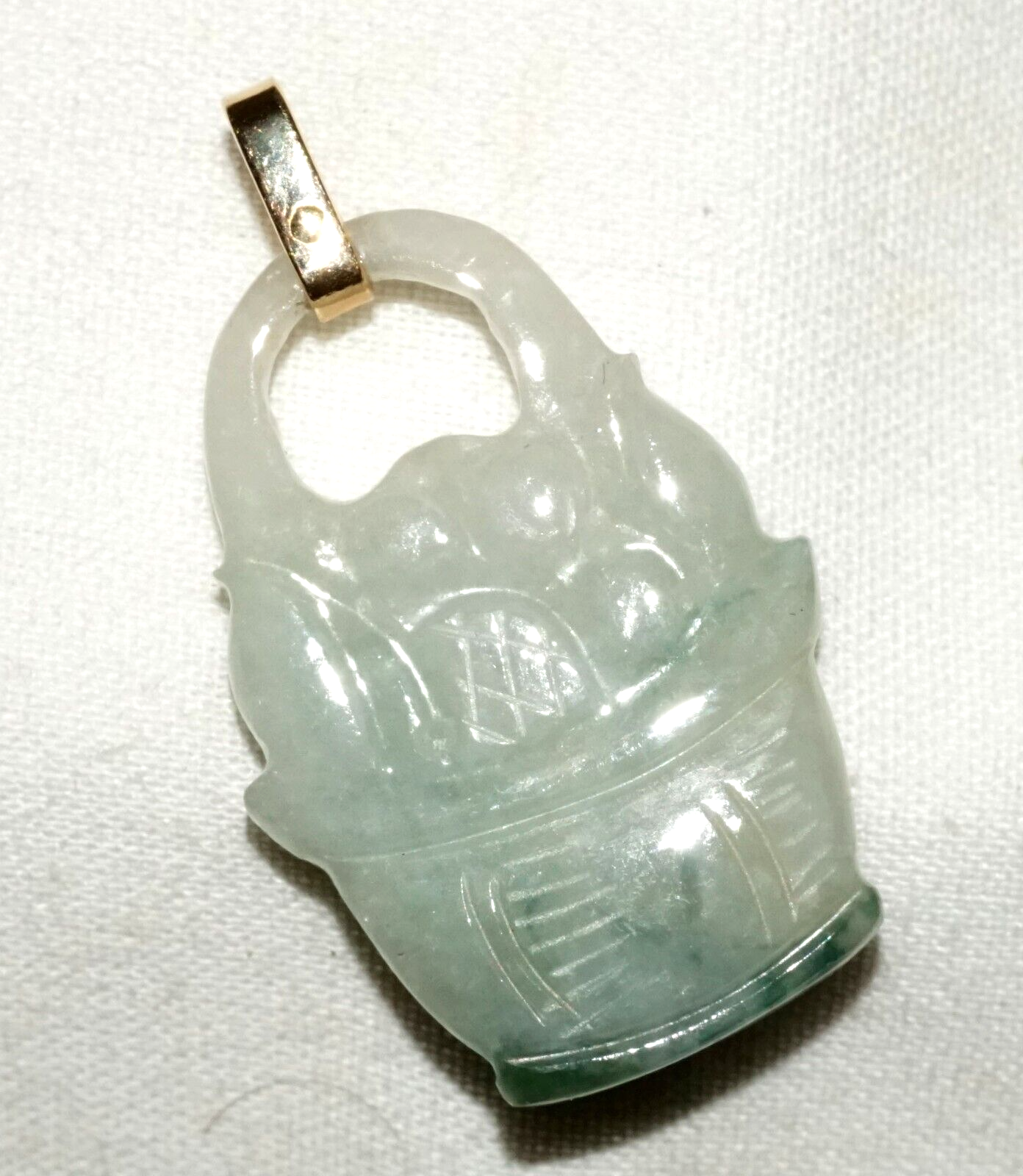Vintage Chinese 14k Y. Gold White & Spinach Jadeite Jade Basket Pendant (LeS)L24