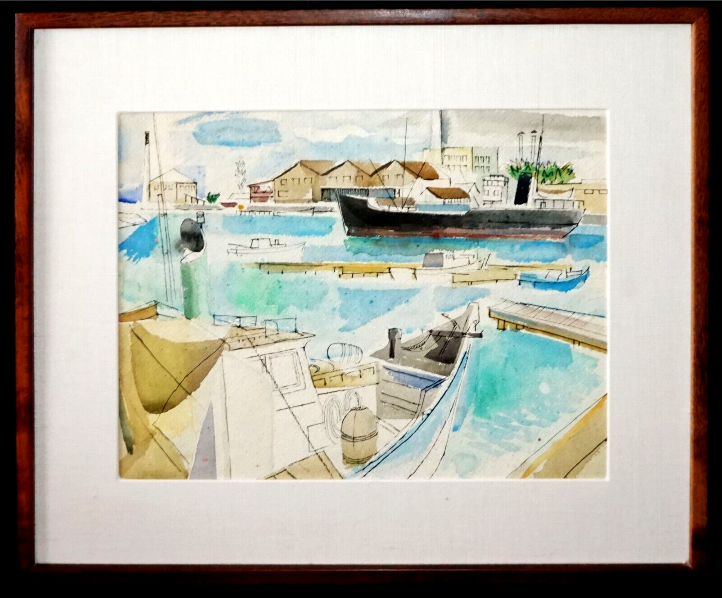 1960 Hawaii Watercolor Painting Honolulu Harbor by Keiichi Kimura (1914-88)(PeNe