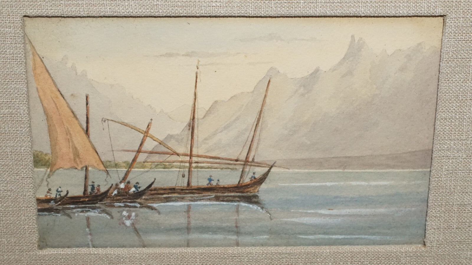 Antique Italian Miniature Gouache Painting Coastal Fisherman & Boats  (New)