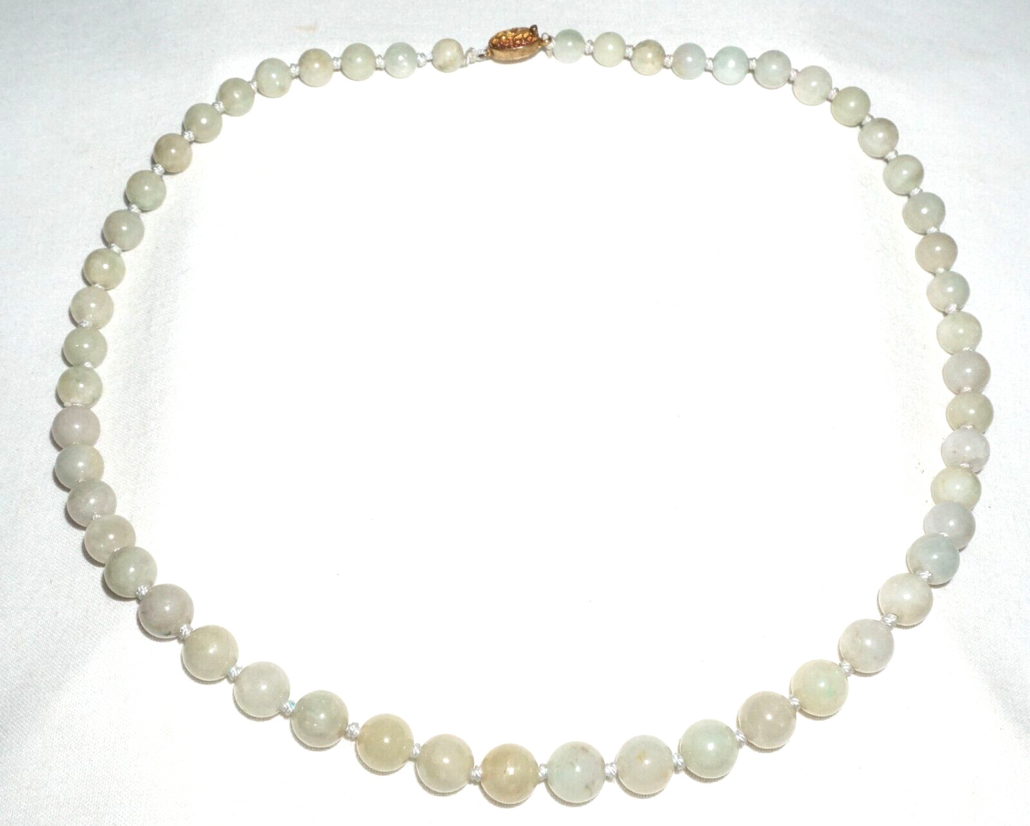 Vintage Chinese Grey Green Jadeite Jade Bead Necklace w. Gold Pl. Silver Clasp#2