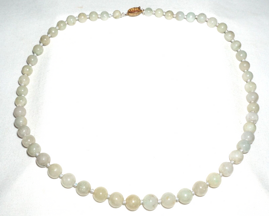 Vintage Chinese Grey Green Jadeite Jade Bead Necklace w. Gold Pl. Silver Clasp#2