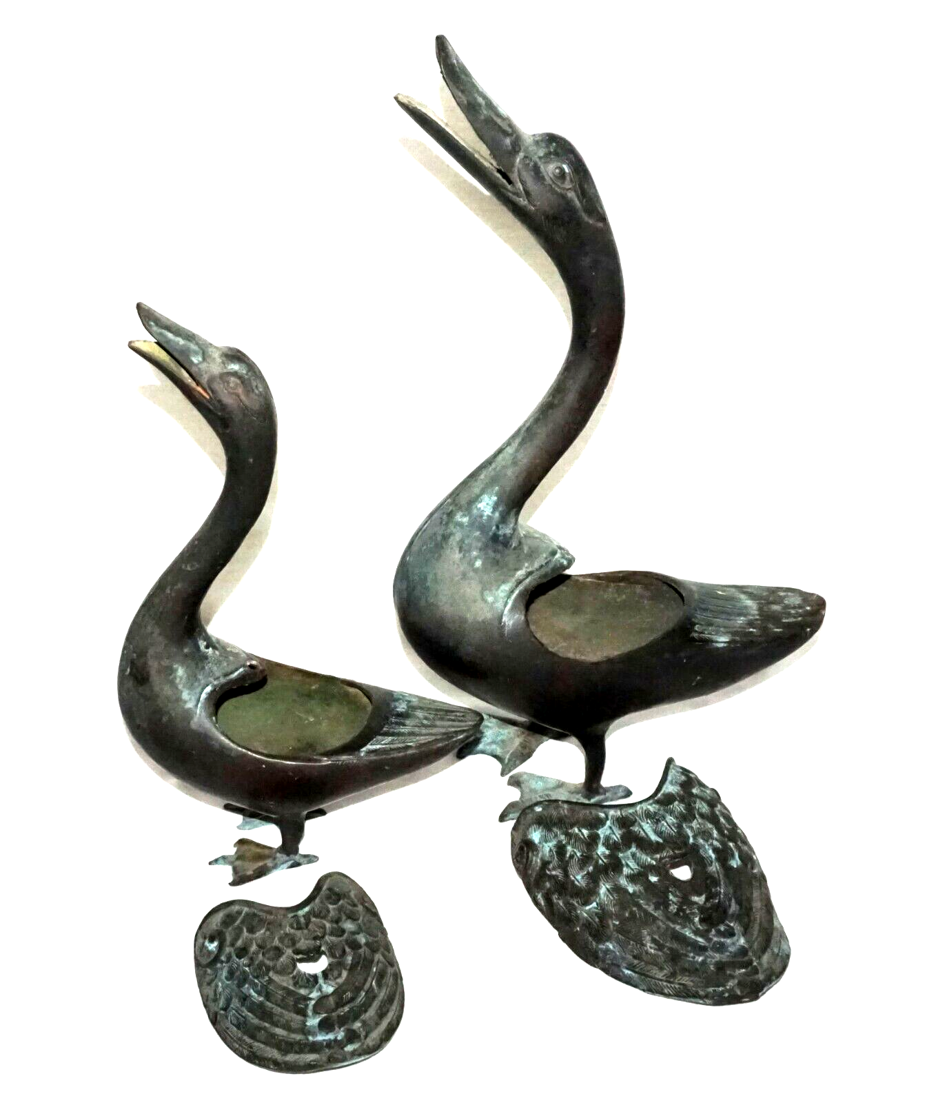 2Pc Chinese Bronze Incense Burners w. Squawking Geese Motif  (NiC)