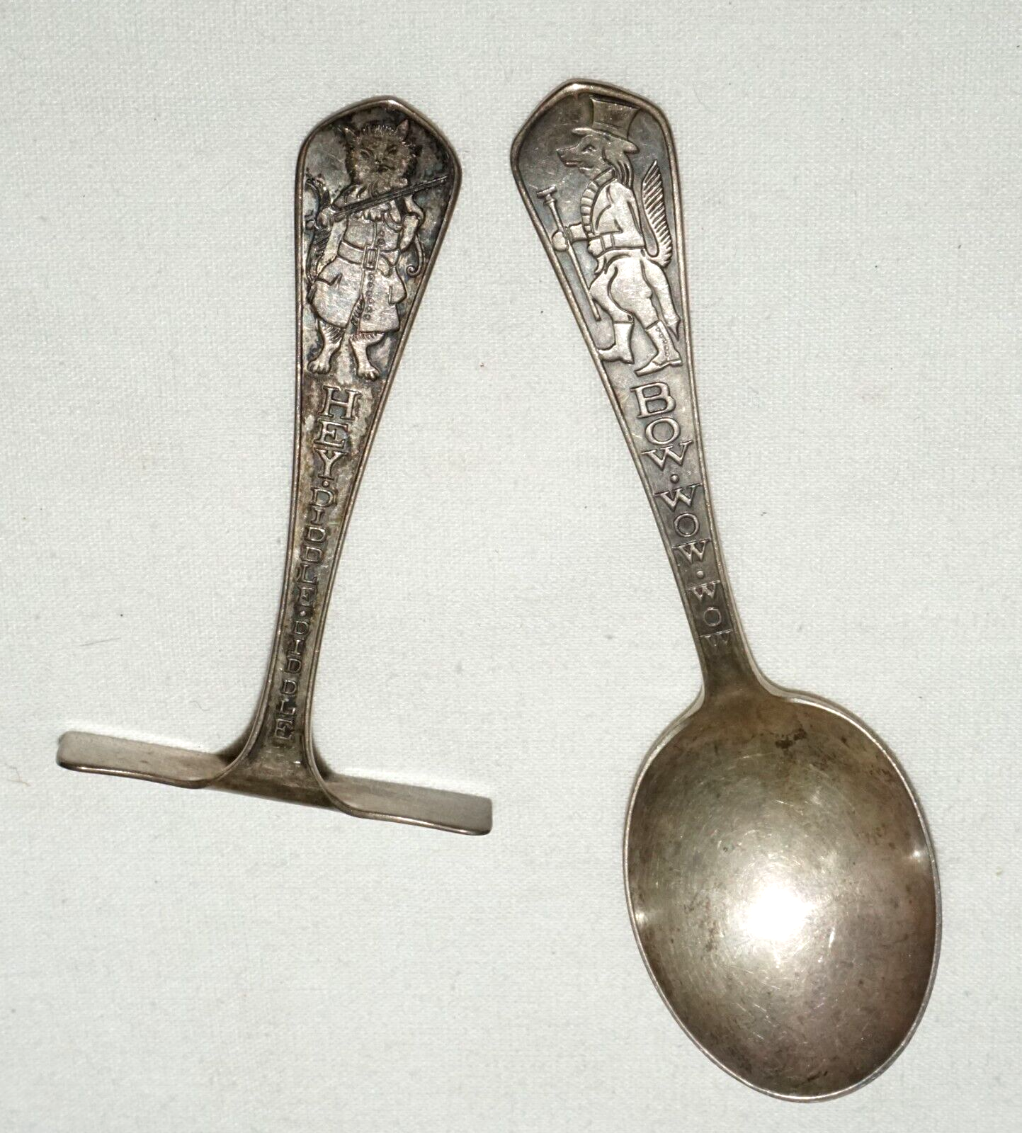 Pair 1930s US Sterling Silver Baby Utensils Bow Wow/ Hey Diddle McChesney  (CrT)