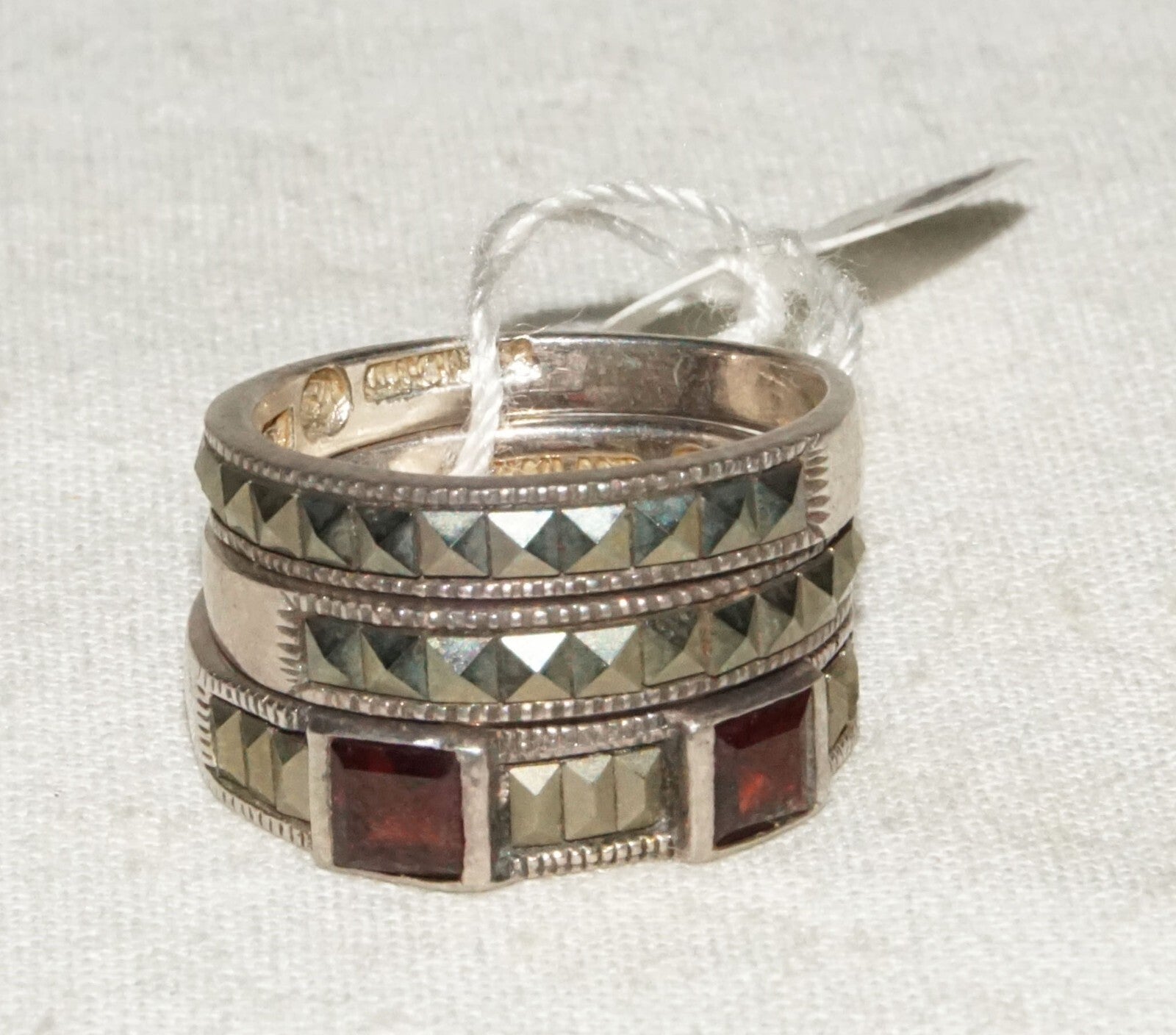 3Pc Thai Sterling Silver Rings Sz.6/6.25 Marcasite & Garnet Accents  (KiL)