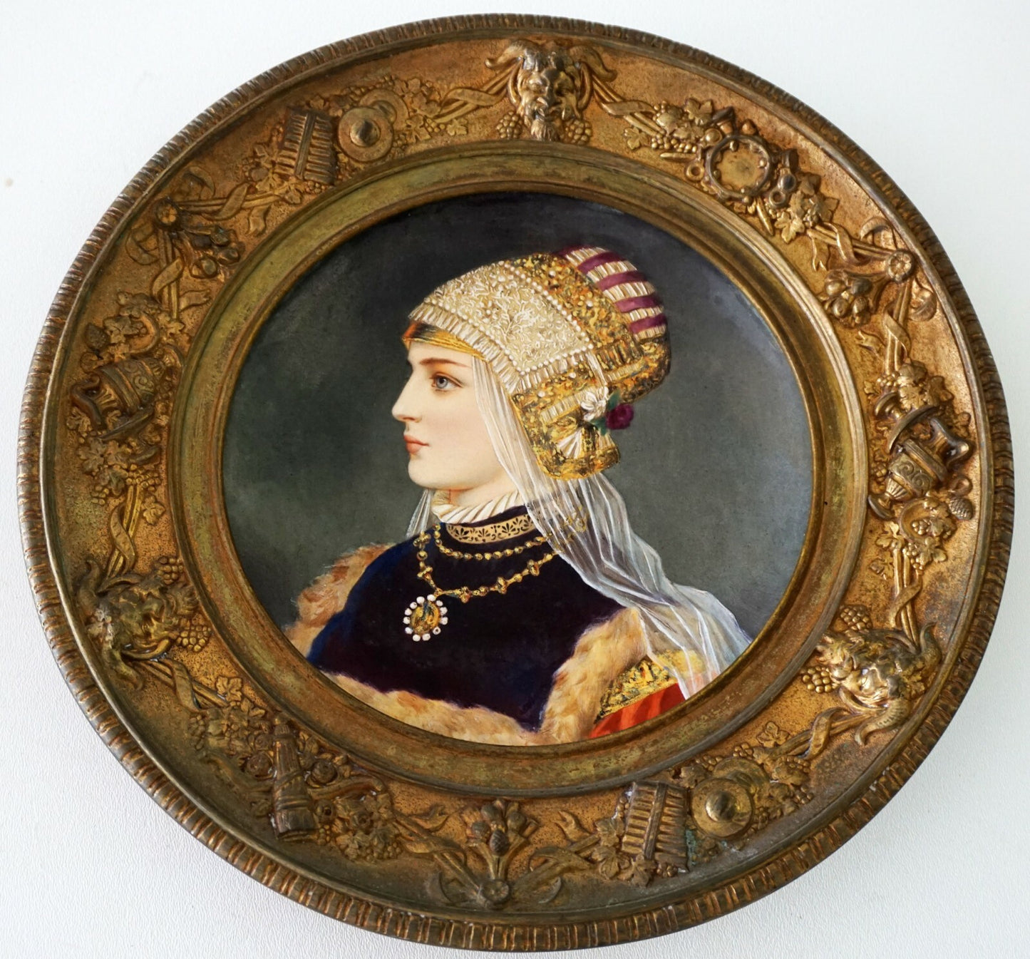 Continental Porcelain & Enamel Female Portrait Painting Gilt Bronze Frame (RiS)