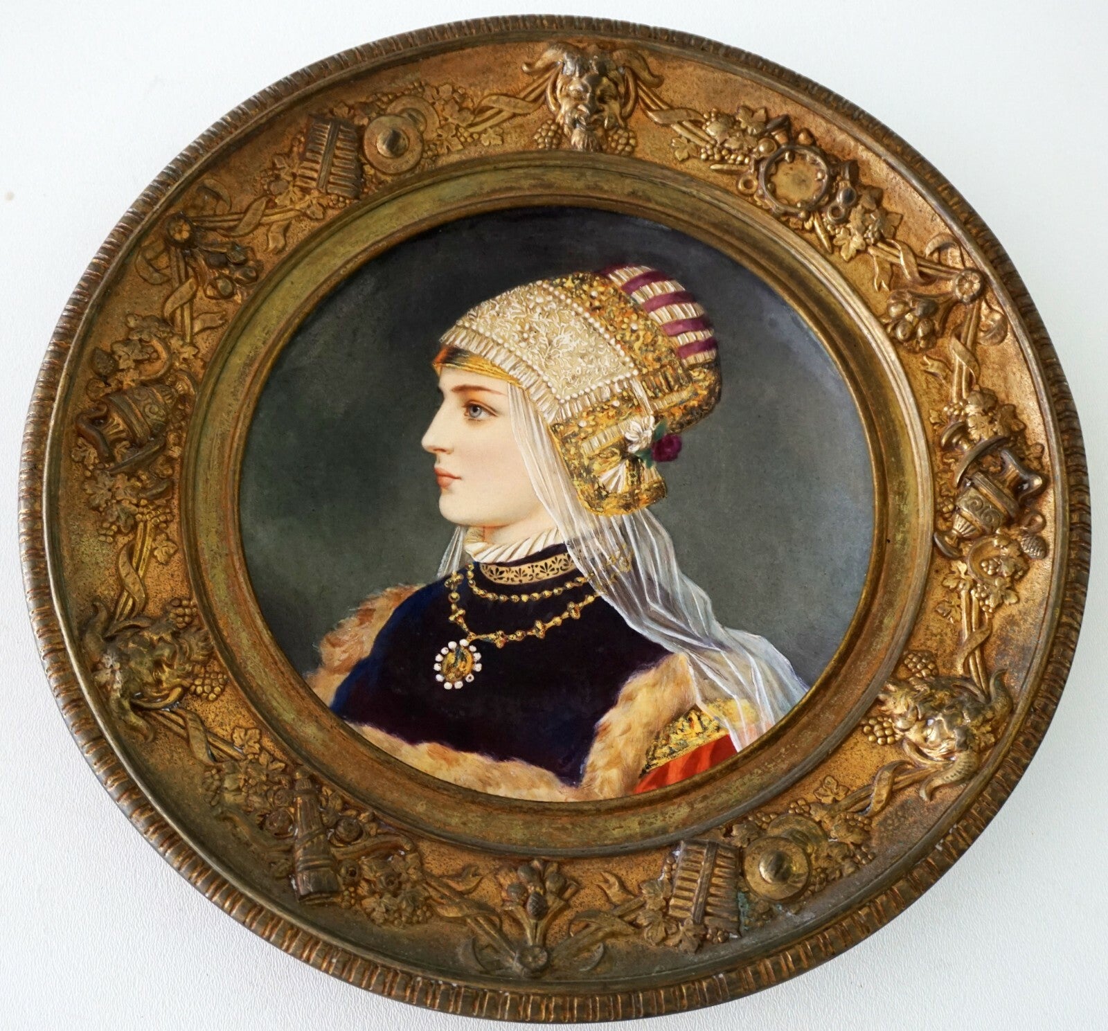 Continental Porcelain & Enamel Female Portrait Painting Gilt Bronze Frame (RiS)