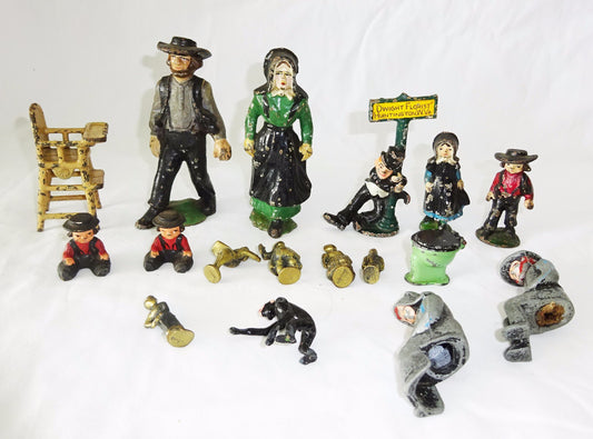 17x Antique Enameled Lead + Brass Figures & Furniture  (Mal)