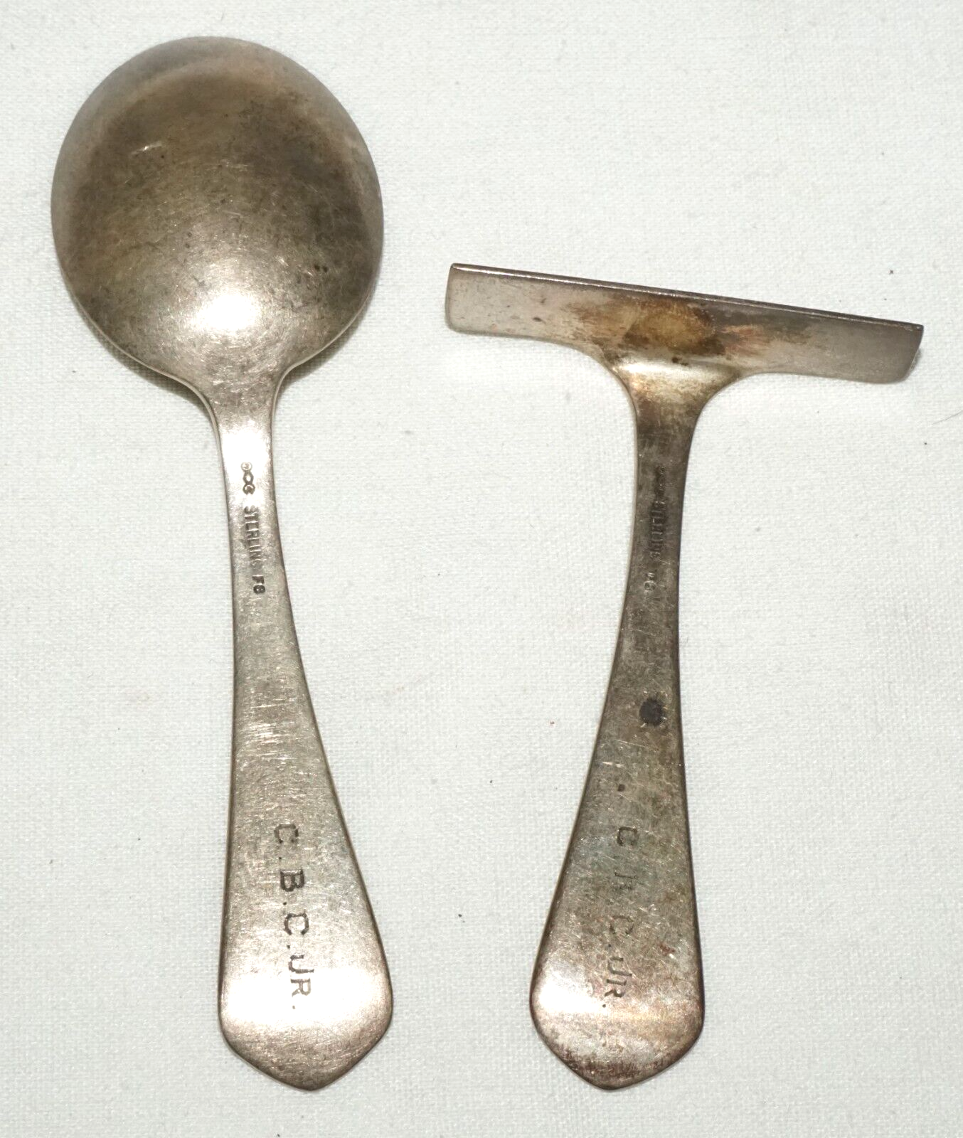 Pair 1930s US Sterling Silver Baby Utensils Bow Wow/ Hey Diddle McChesney  (CrT)