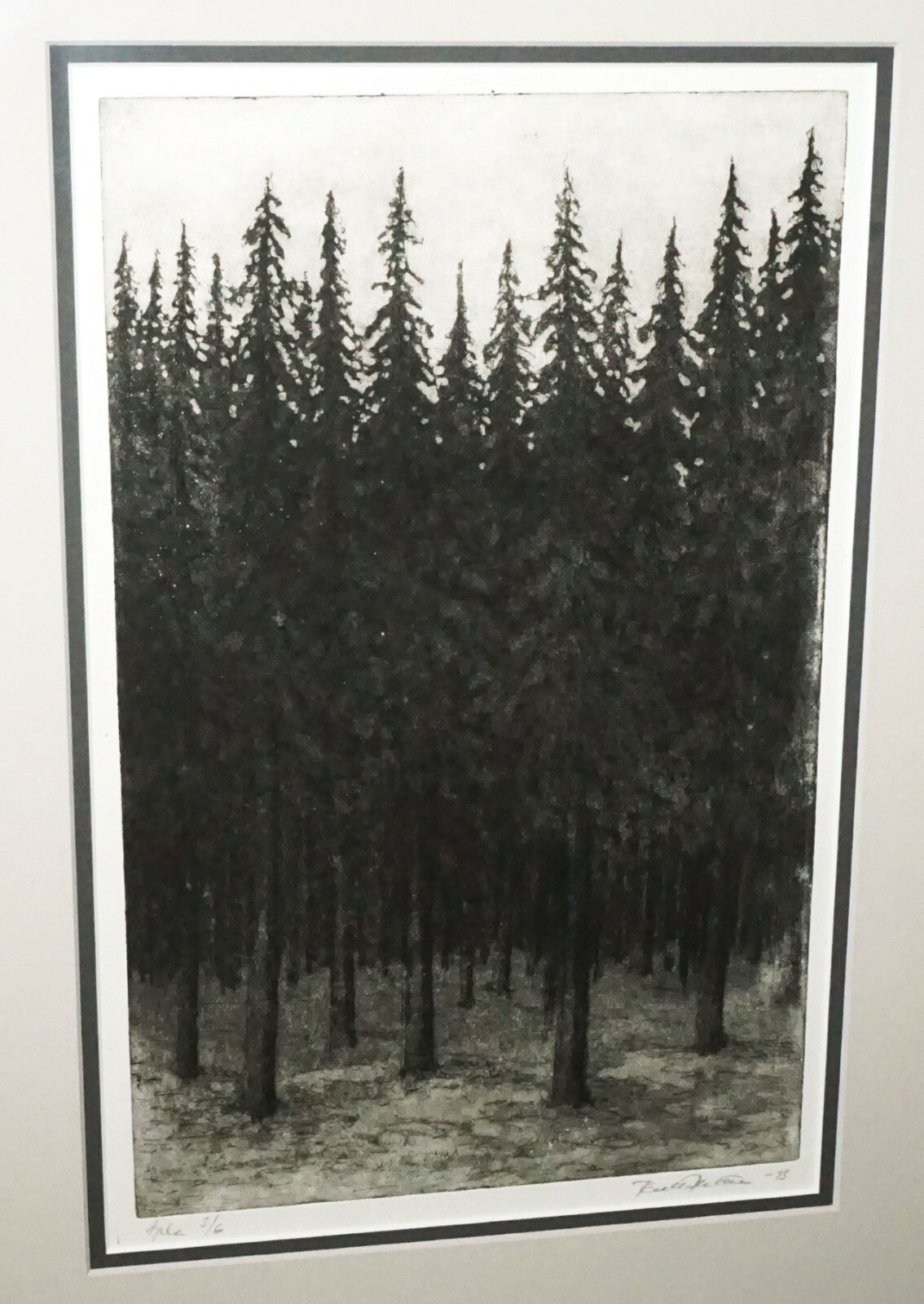 1993 US Framed Aquatint Print 3/6 "Thick Pine Forest"  by illegible signed (CWo)
