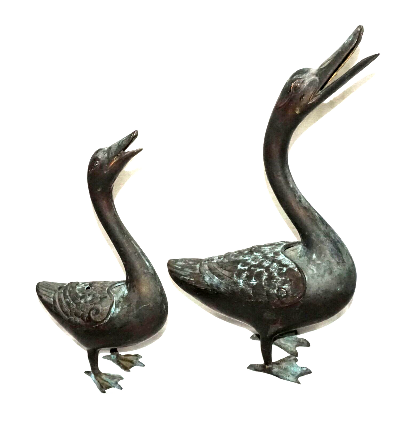 2Pc Chinese Bronze Incense Burners w. Squawking Geese Motif  (NiC)