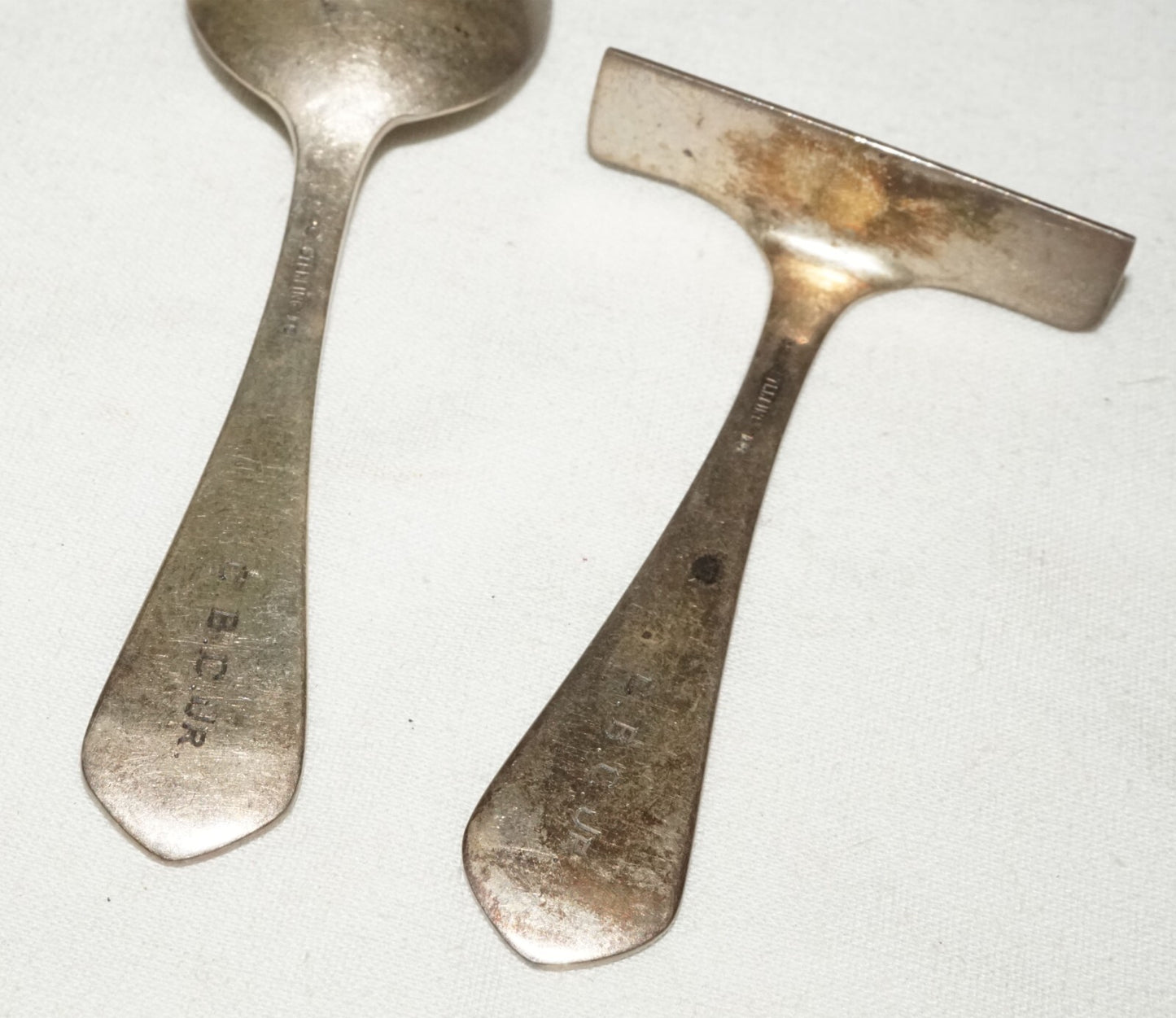 Pair 1930s US Sterling Silver Baby Utensils Bow Wow/ Hey Diddle McChesney  (CrT)