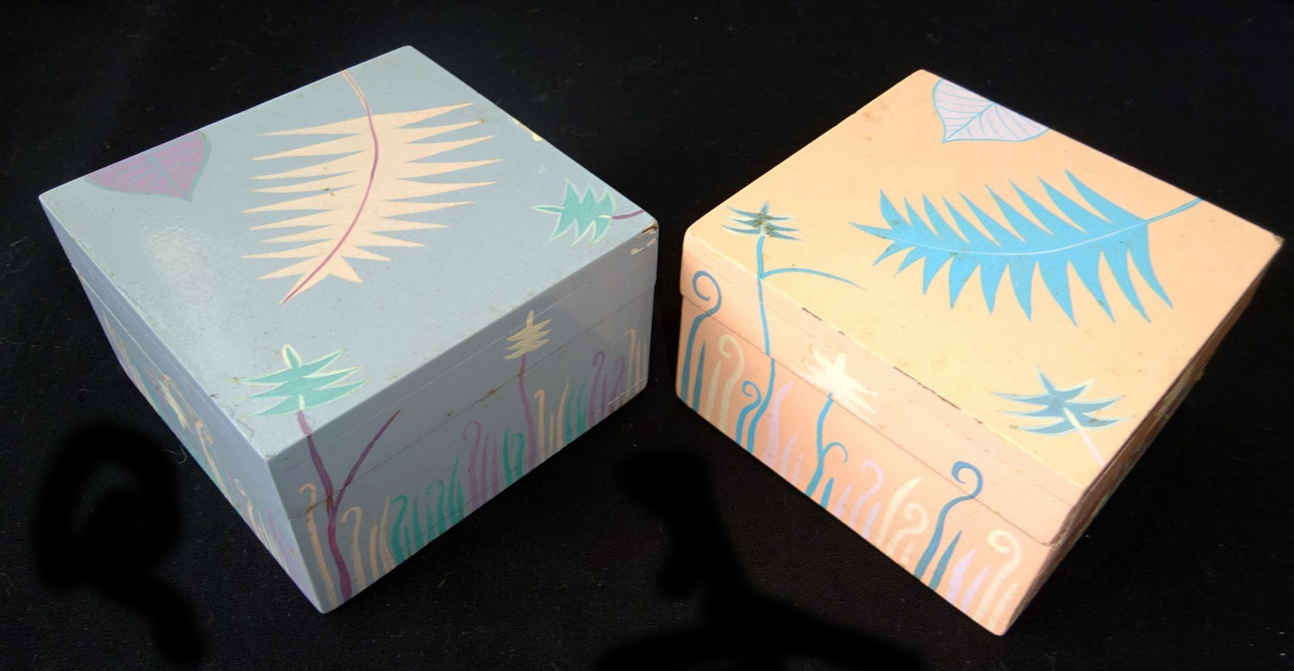 2x 1980s Haitian Wooden Covered Boxes w. Painted Floral Motif (Stea)