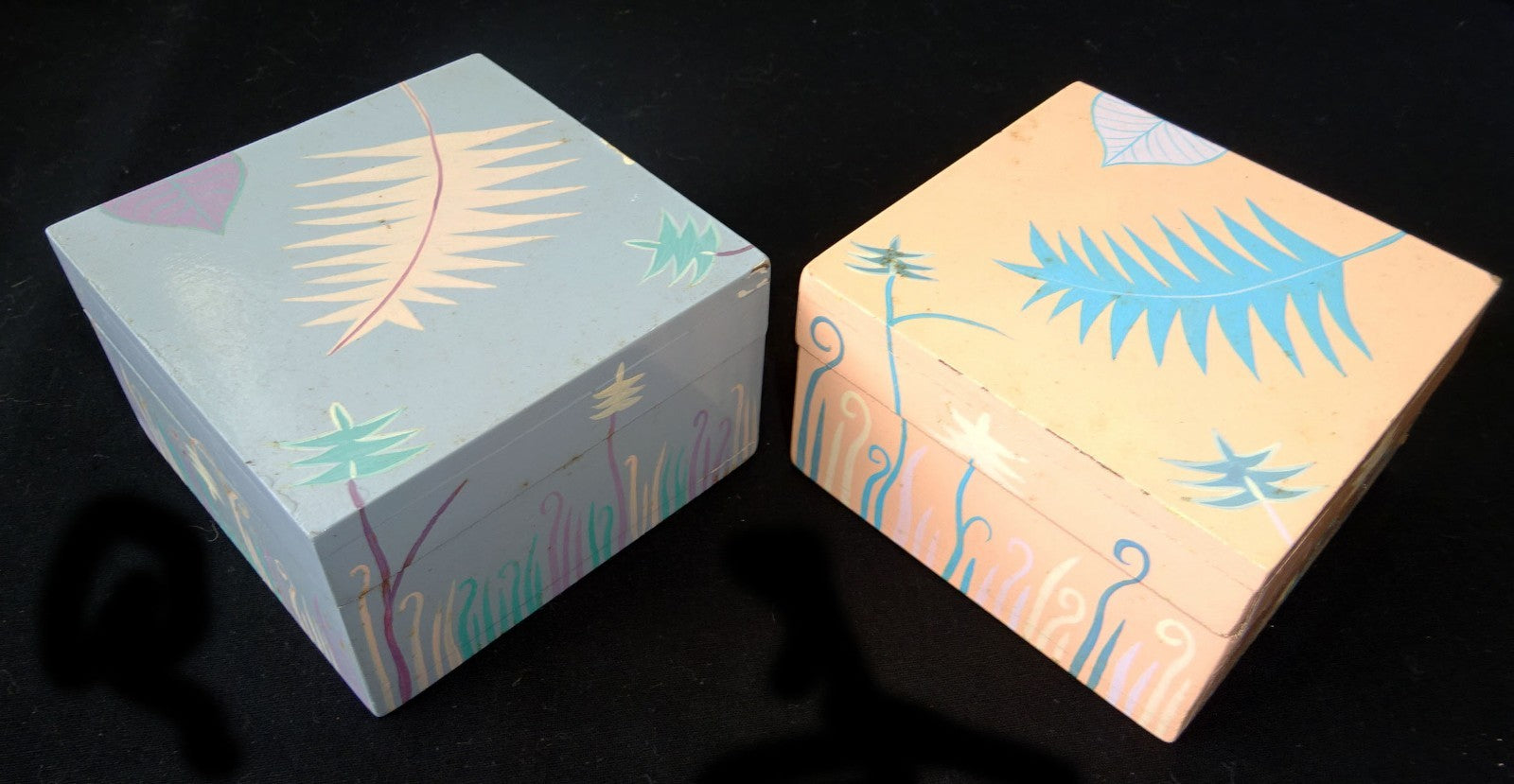 2x 1980s Haitian Wooden Covered Boxes w. Painted Floral Motif (Stea)