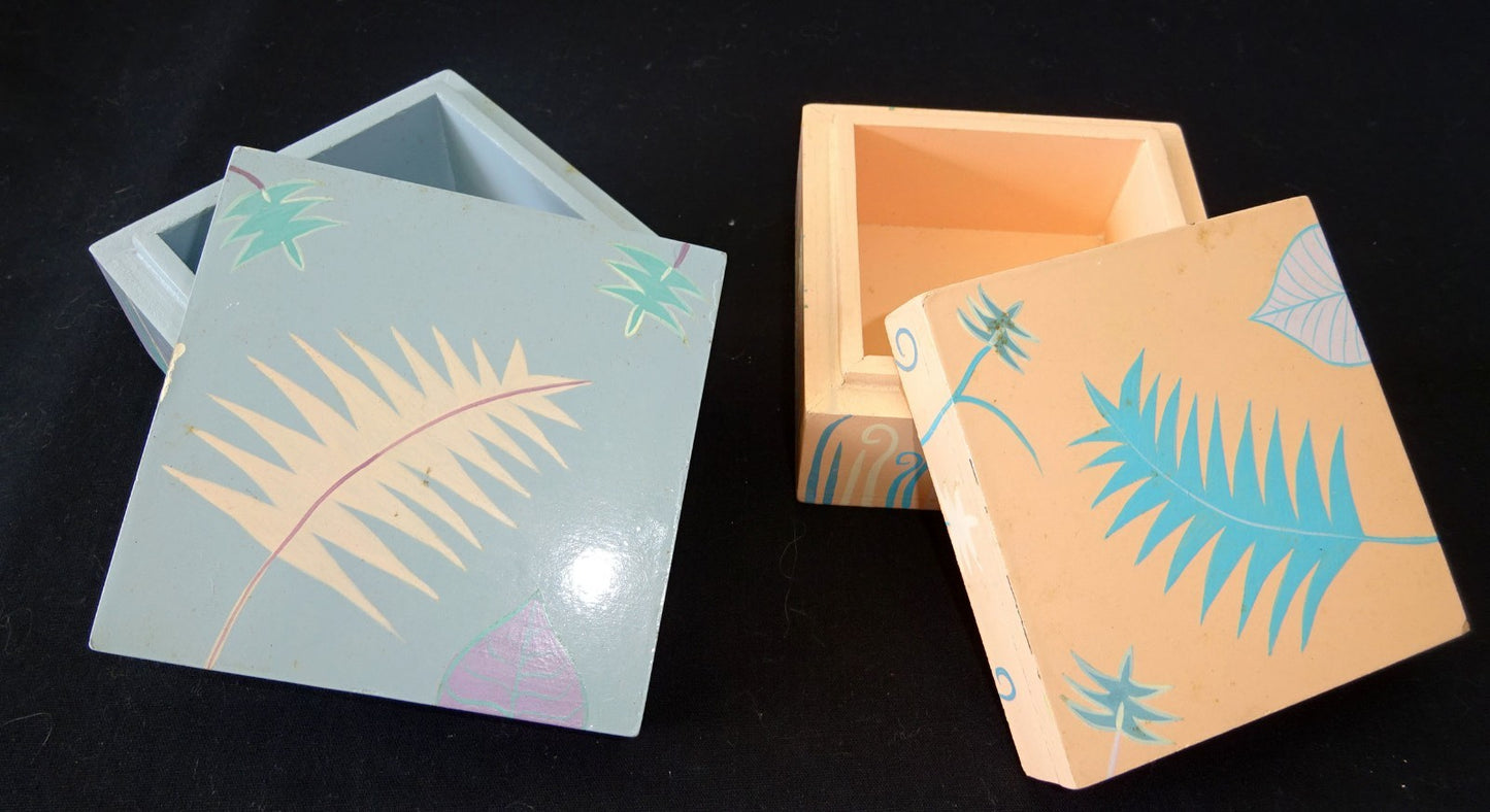 2x 1980s Haitian Wooden Covered Boxes w. Painted Floral Motif (Stea)