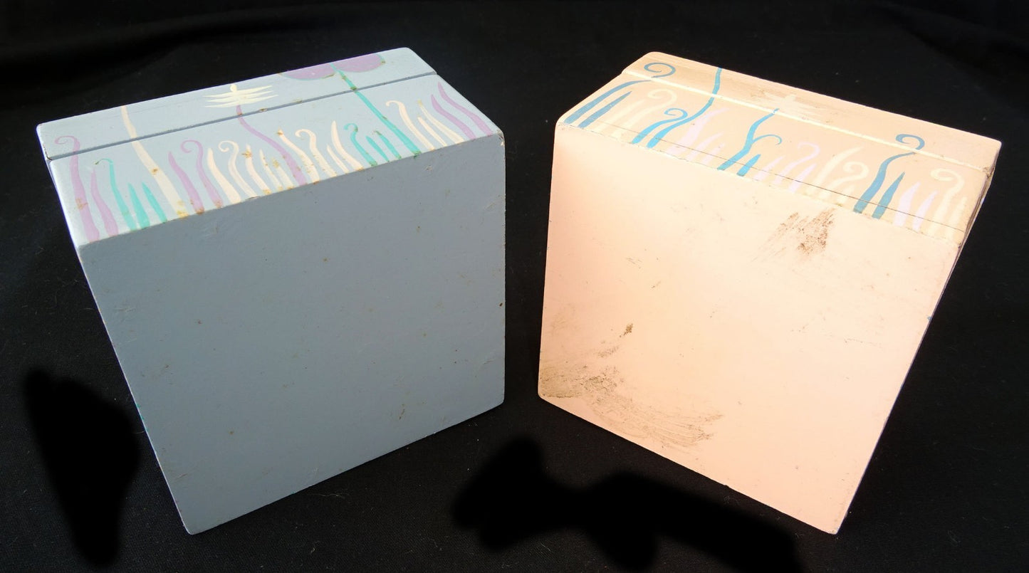 2x 1980s Haitian Wooden Covered Boxes w. Painted Floral Motif (Stea)