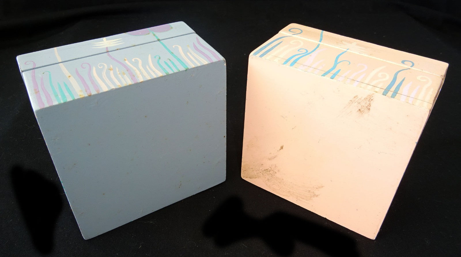 2x 1980s Haitian Wooden Covered Boxes w. Painted Floral Motif (Stea)