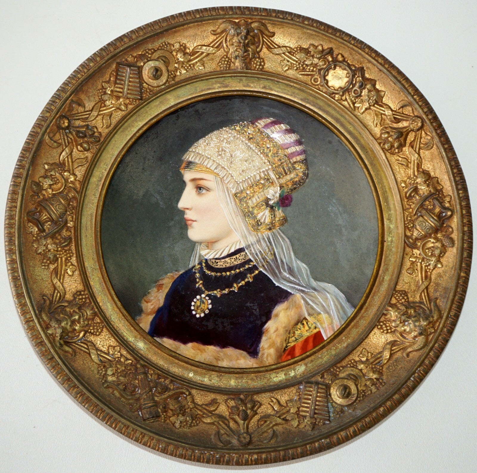 Continental Porcelain & Enamel Female Portrait Painting Gilt Bronze Frame (RiS)