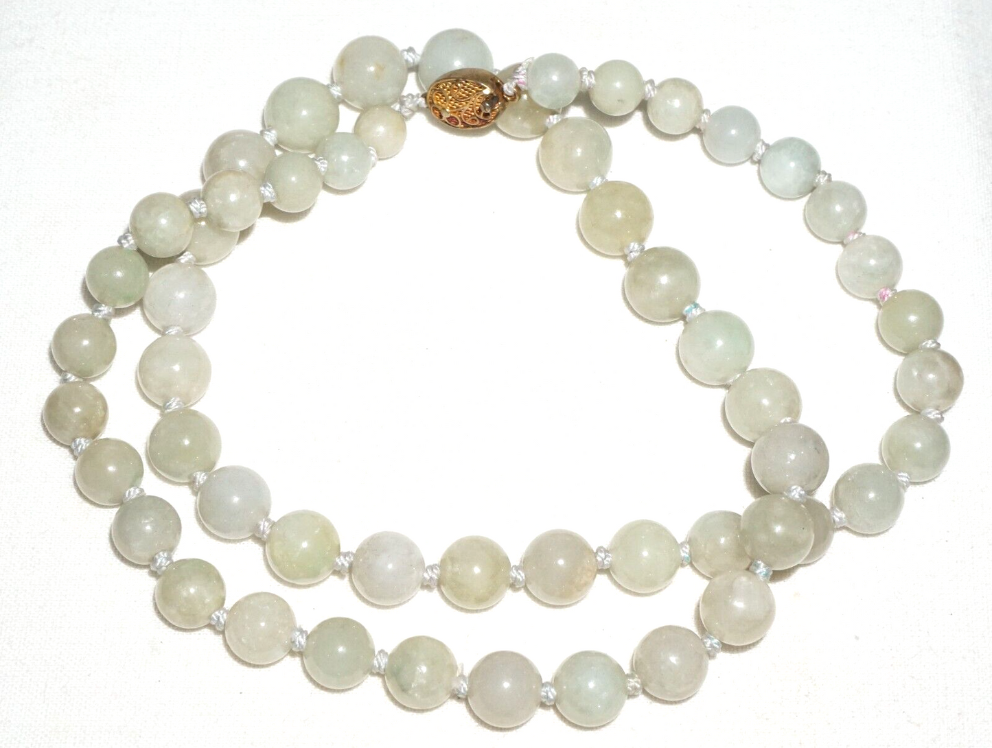 Vintage Chinese Grey Green Jadeite Jade Bead Necklace w. Gold Pl. Silver Clasp#2
