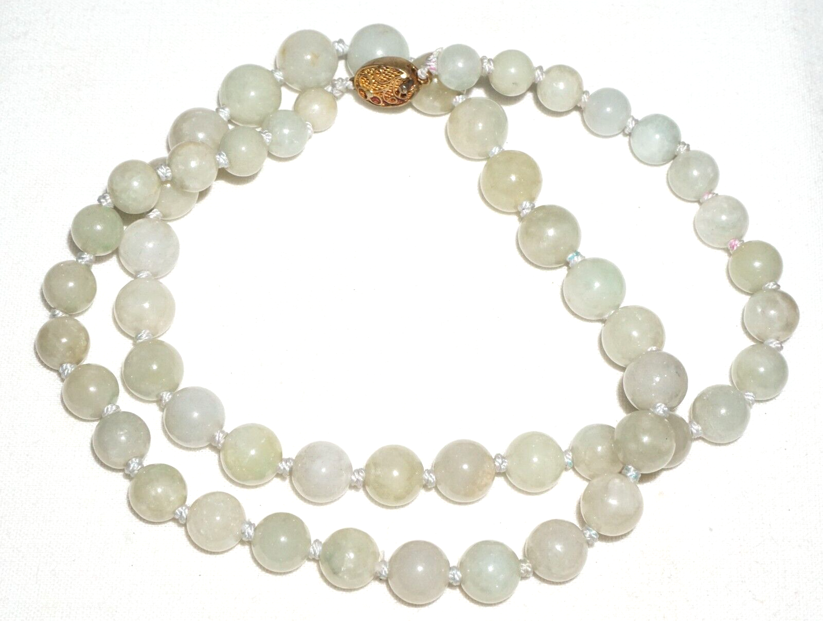 Vintage Chinese Grey Green Jadeite Jade Bead Necklace w. Gold Pl. Silver Clasp#2
