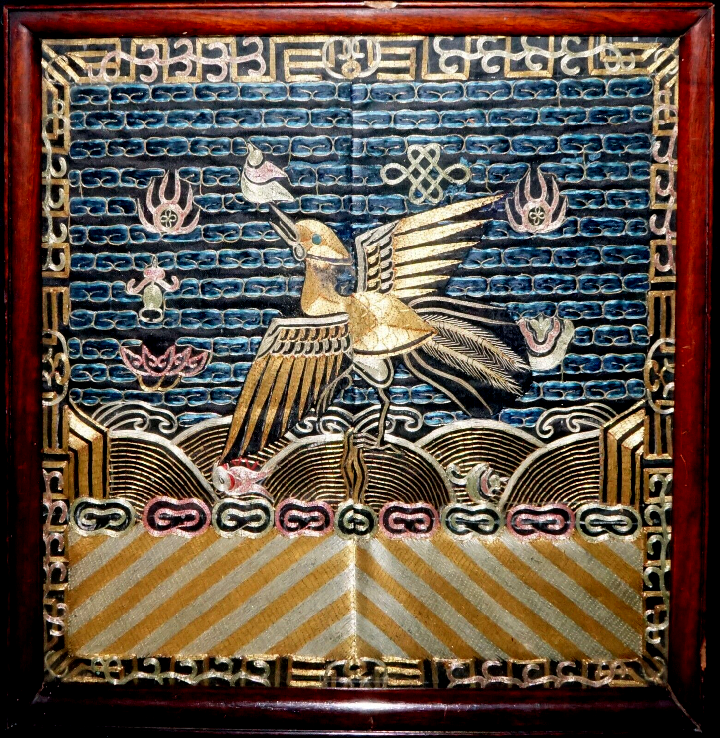 19C. Chinese Late Qing Framed Embroidered Mandarin Rank Badge Insignia (ChB)