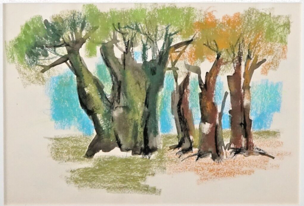 Hawaii Modernist Watercolor & Pastel Painting Trees by Keichi Kimura (PeNe